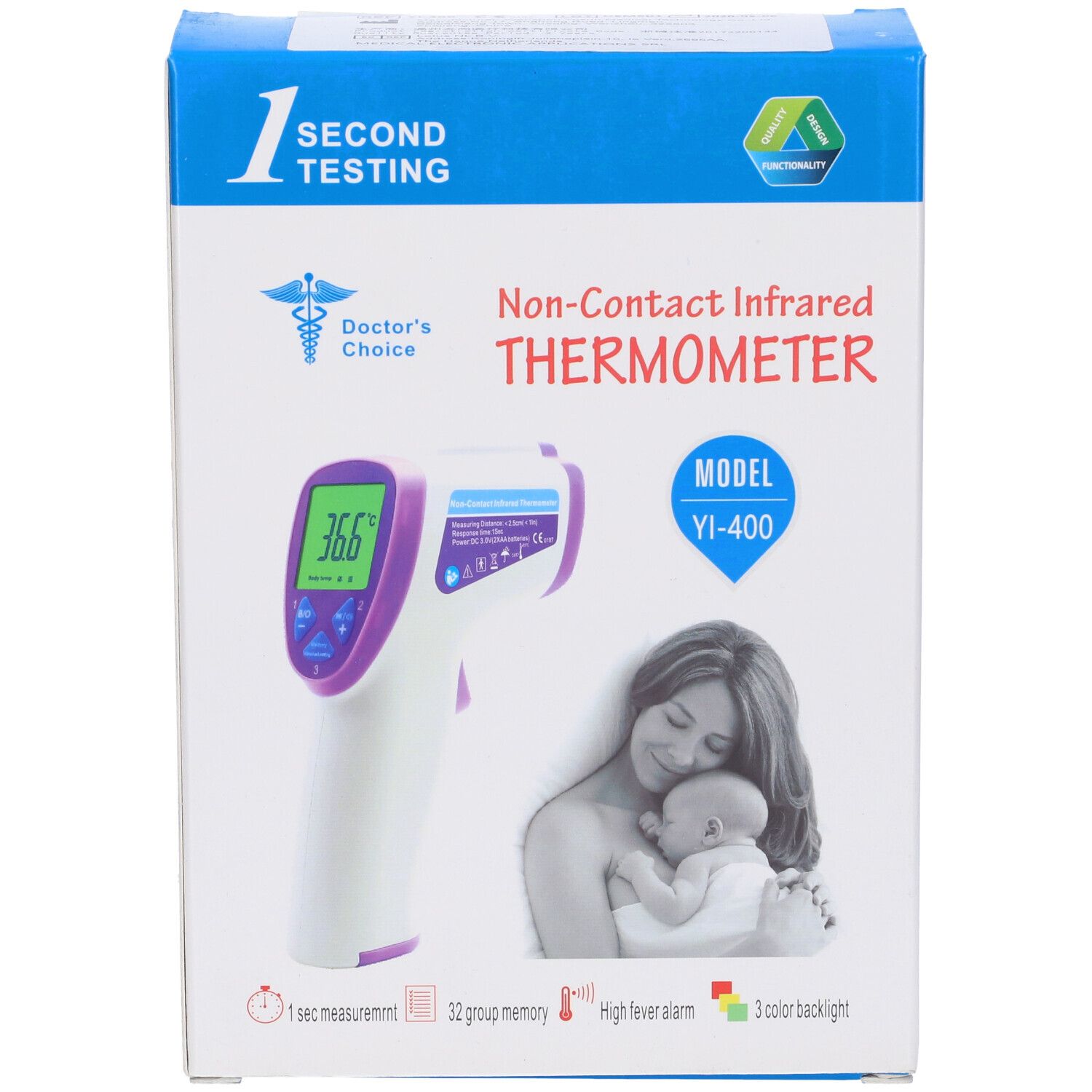 Confezione di termometro a infrarossi. Scritte: "Doctor's Choice", "Non-Contact Infrared THERMOMETER", modello YI-400. Immagine madre e bambino.