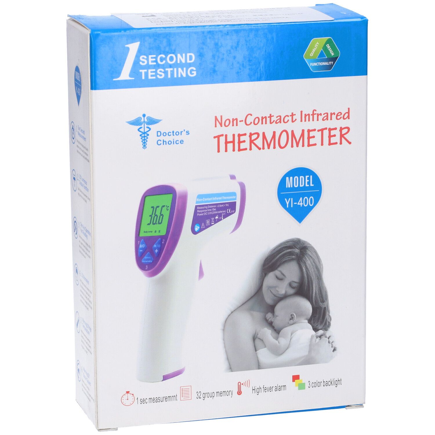 Confezione di termometro a infrarossi. Scritte: "Doctor's Choice", "Non-Contact Infrared THERMOMETER", modello YI-400. Immagine madre e bambino.