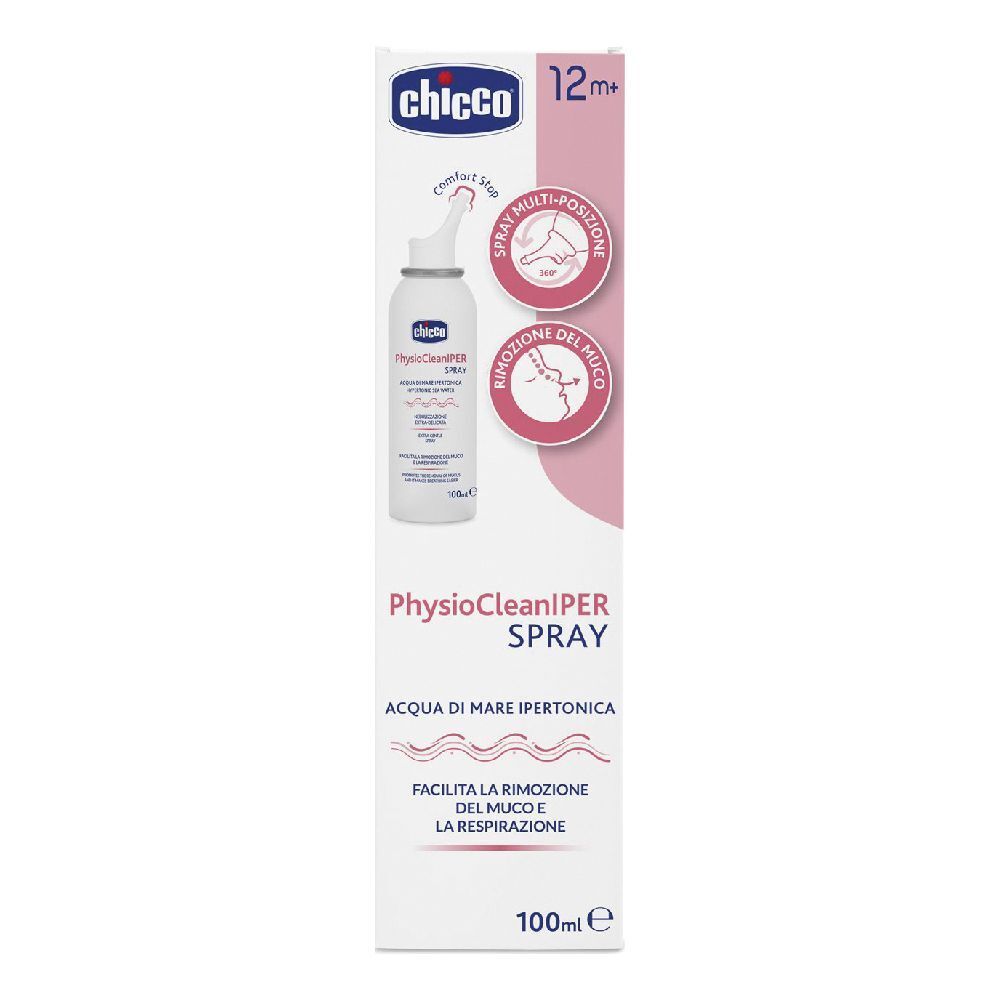 Chicco Physioclean Sol Iper Spray. Flacone spray nasale con confezione rosa. Contiene acqua di mare. 12m+.