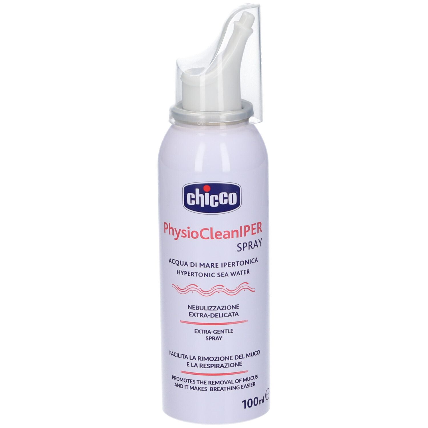 Chicco Physioclean Sol Iper Spray. Flacone bianco con applicatore nasale. Contiene acqua di mare. 100ml.