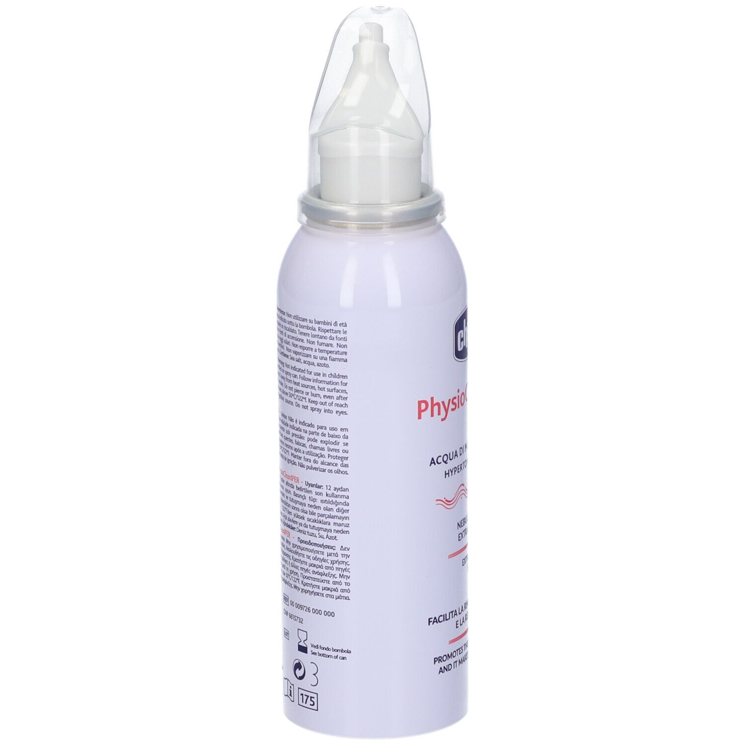 Chicco Physioclean Sol Iper Spray. Flacone bianco con applicatore nasale. Retro con testo. Contiene acqua di mare.