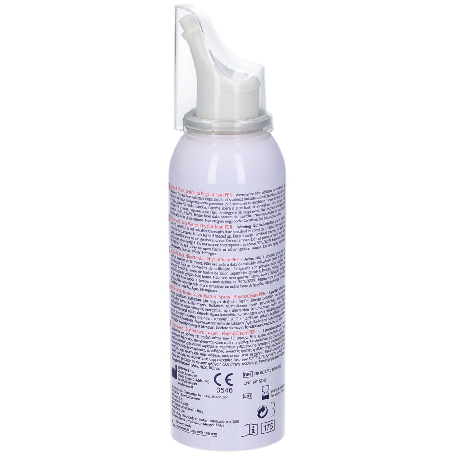 Chicco Physioclean Sol Iper Spray. Flacone bianco con applicatore nasale. Retro con testo. Contiene acqua di mare.