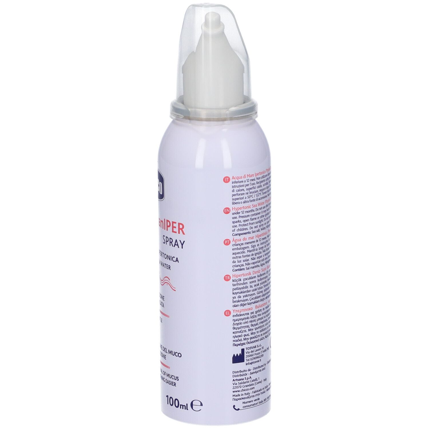 Chicco Physioclean Sol Iper Spray. Flacone bianco con applicatore nasale. Retro con testo. Contiene acqua di mare.