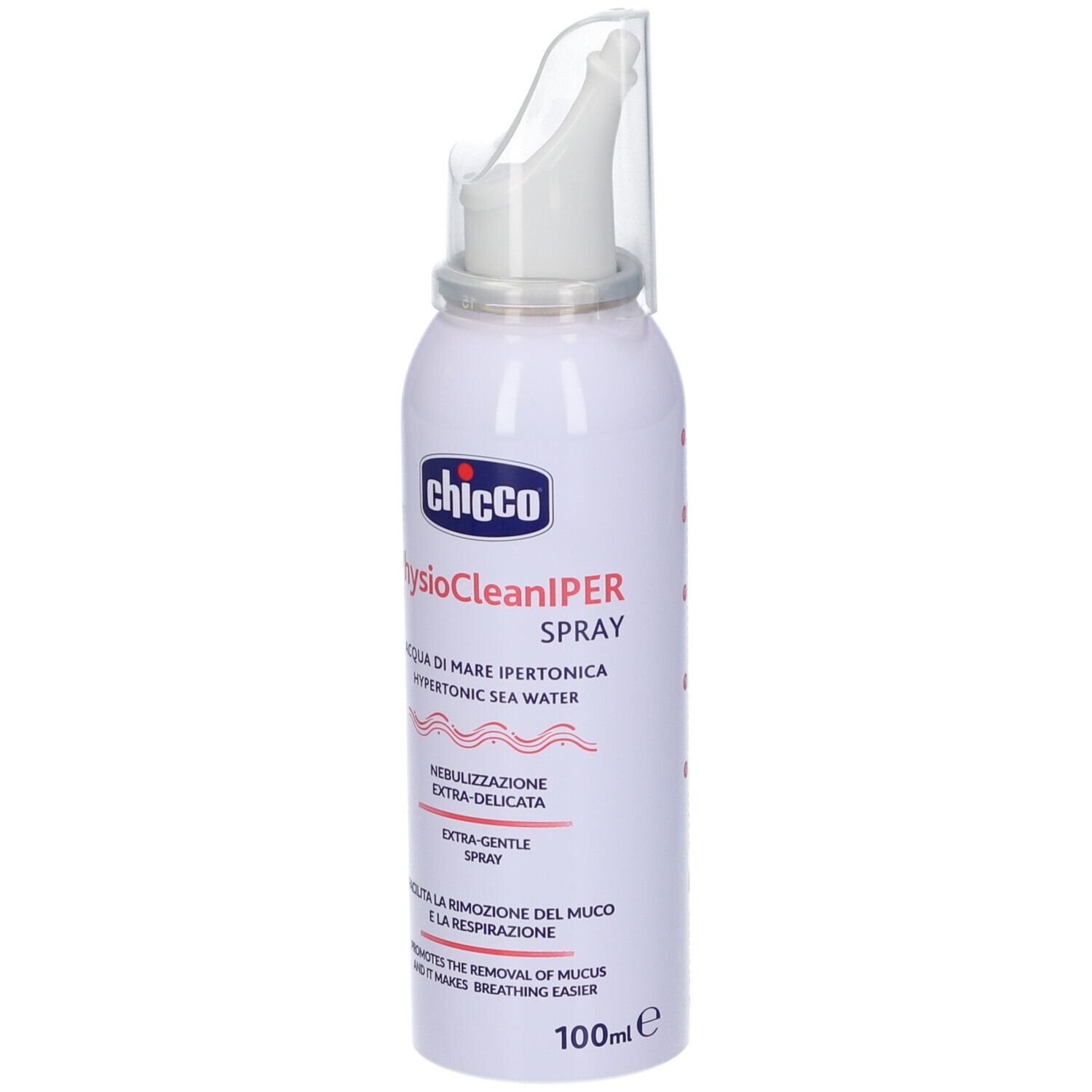 Chicco Physioclean Sol Iper Spray. Flacone bianco con applicatore nasale. Contiene acqua di mare. 100ml.