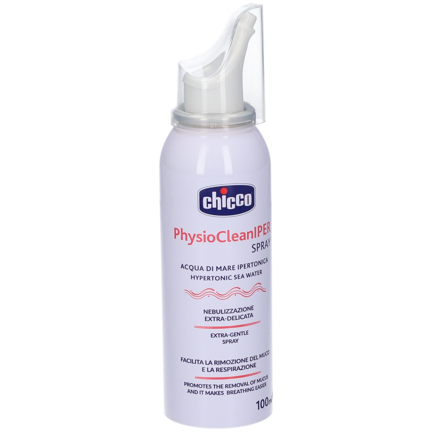 Chicco Physioclean Sol Iper Spray. Flacone bianco con applicatore nasale. Contiene acqua di mare. 100ml.