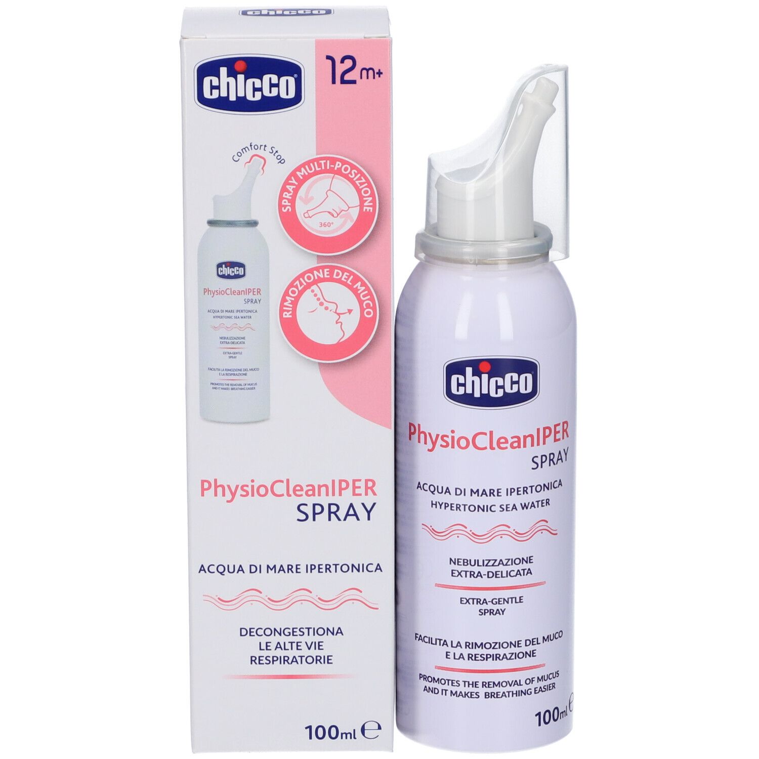 Chicco Physioclean Sol Iper Spray. Flacone e confezione. Contiene acqua di mare. 12m+.