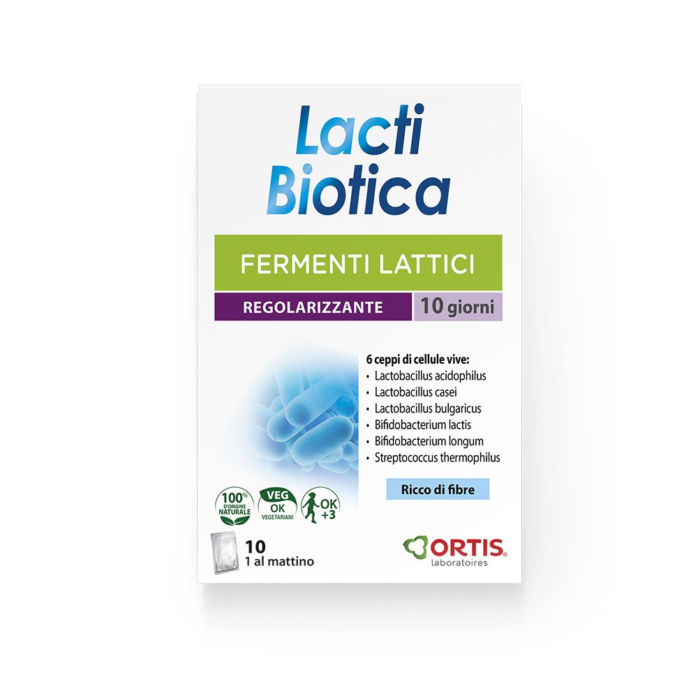 Confezione Lactibiotica con 10 bustine. Scritta: Fermenti Lattici, 10 giorni. Loghi e certificazioni presenti.