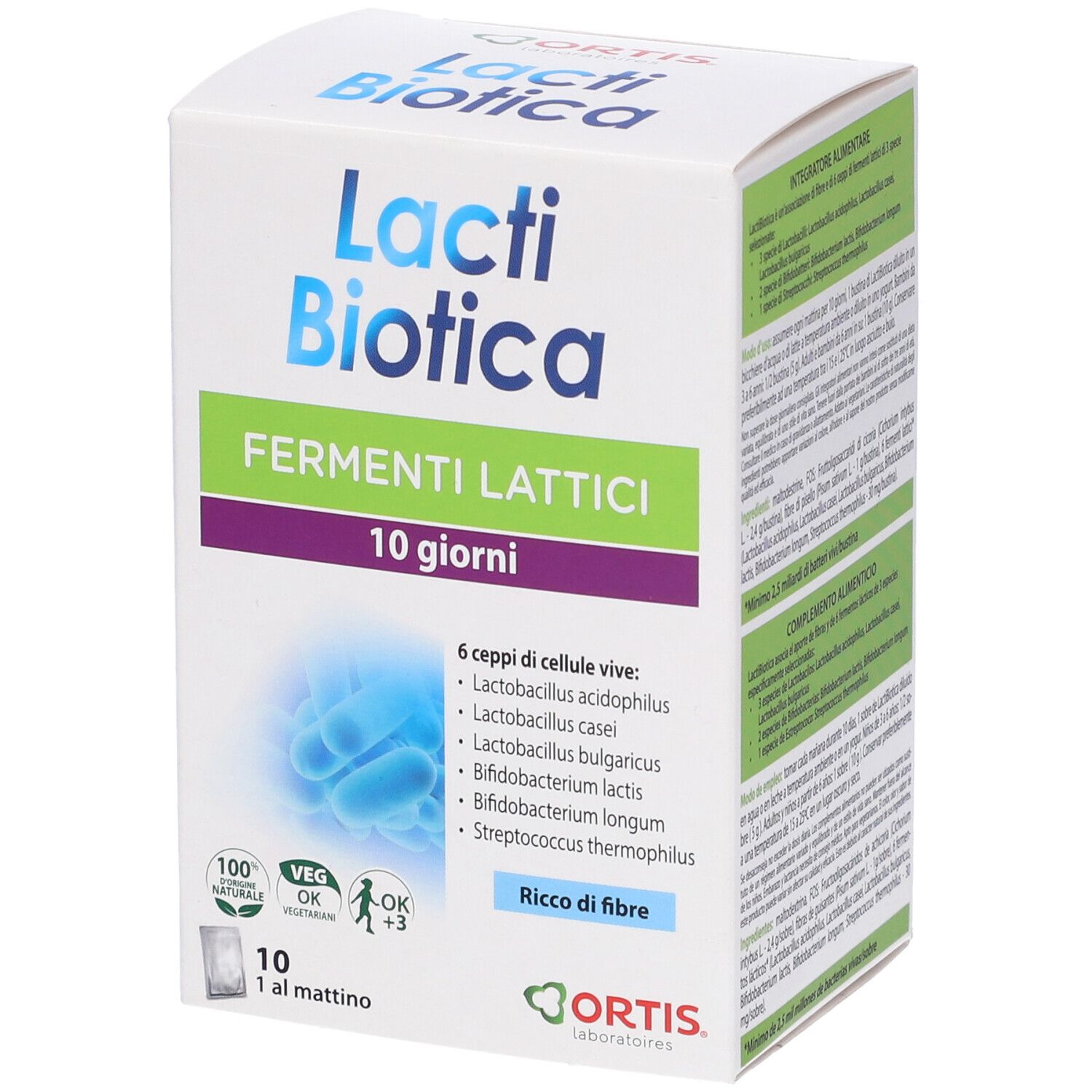 Confezione Lactibiotica con 10 bustine. Scritta: Fermenti Lattici, 10 giorni. Ingredienti e loghi presenti.