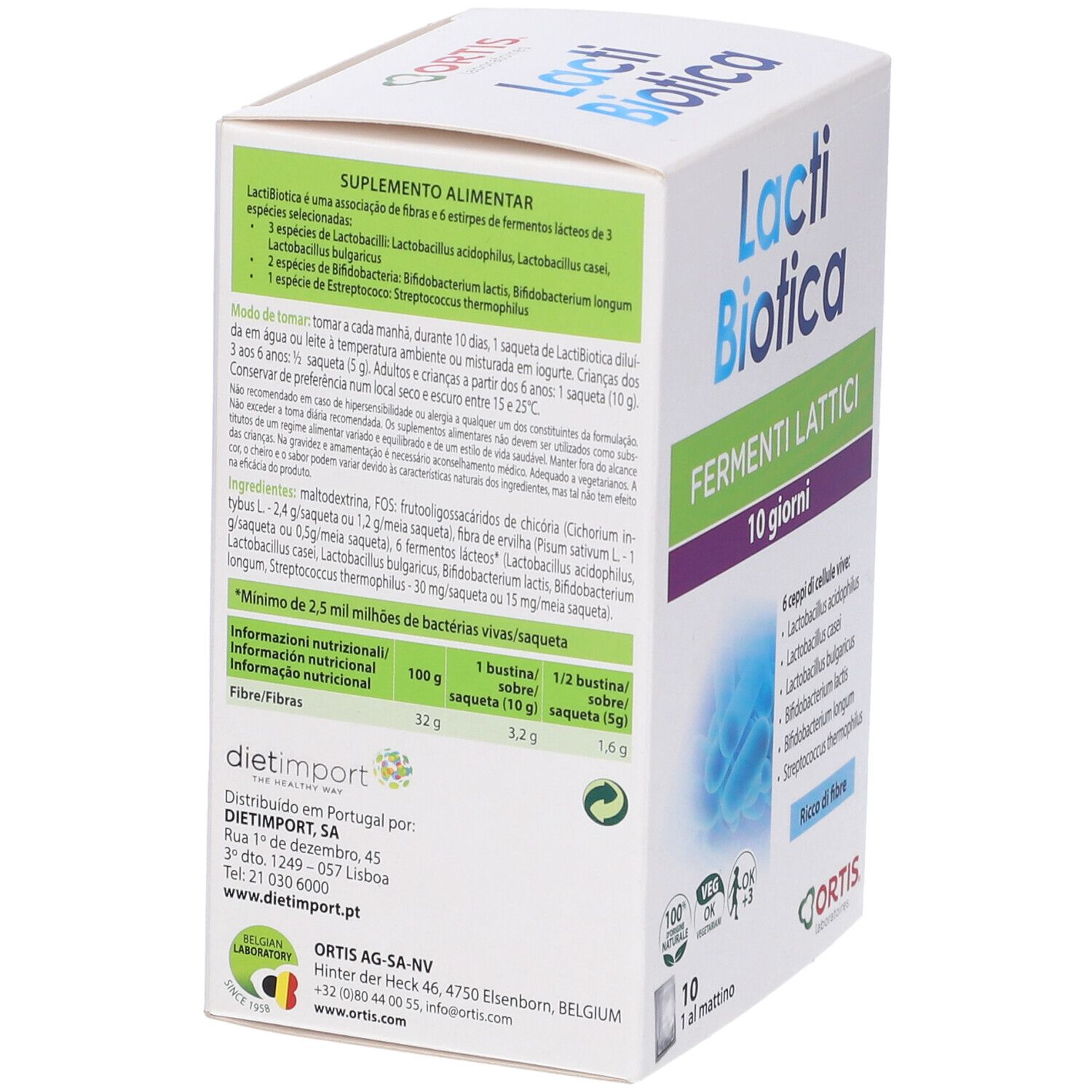 Confezione Lactibiotica con 10 bustine. Scritta: Fermenti Lattici, 10 giorni. Ingredienti e loghi presenti.