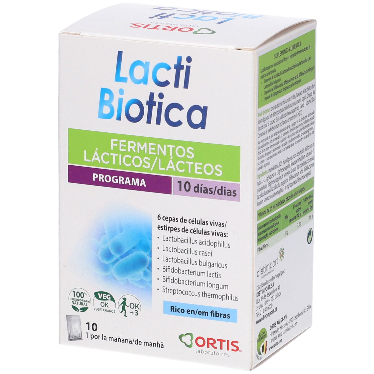 Confezione Lactibiotica con 10 bustine. Scritta: Fermentos Lácticos/Lácteos, 10 días. Ingredienti e loghi presenti.