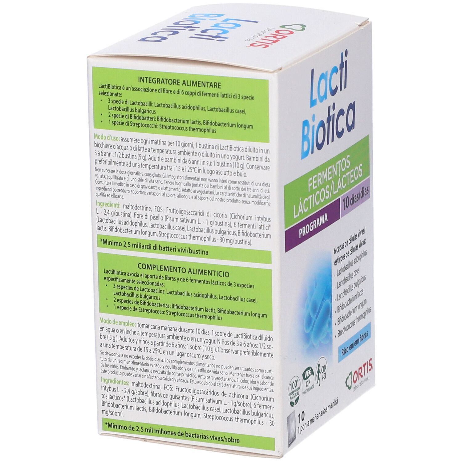Confezione Lactibiotica con 10 bustine. Scritta: Fermentos Lácticos/Lácteos, 10 días. Ingredienti e loghi presenti.