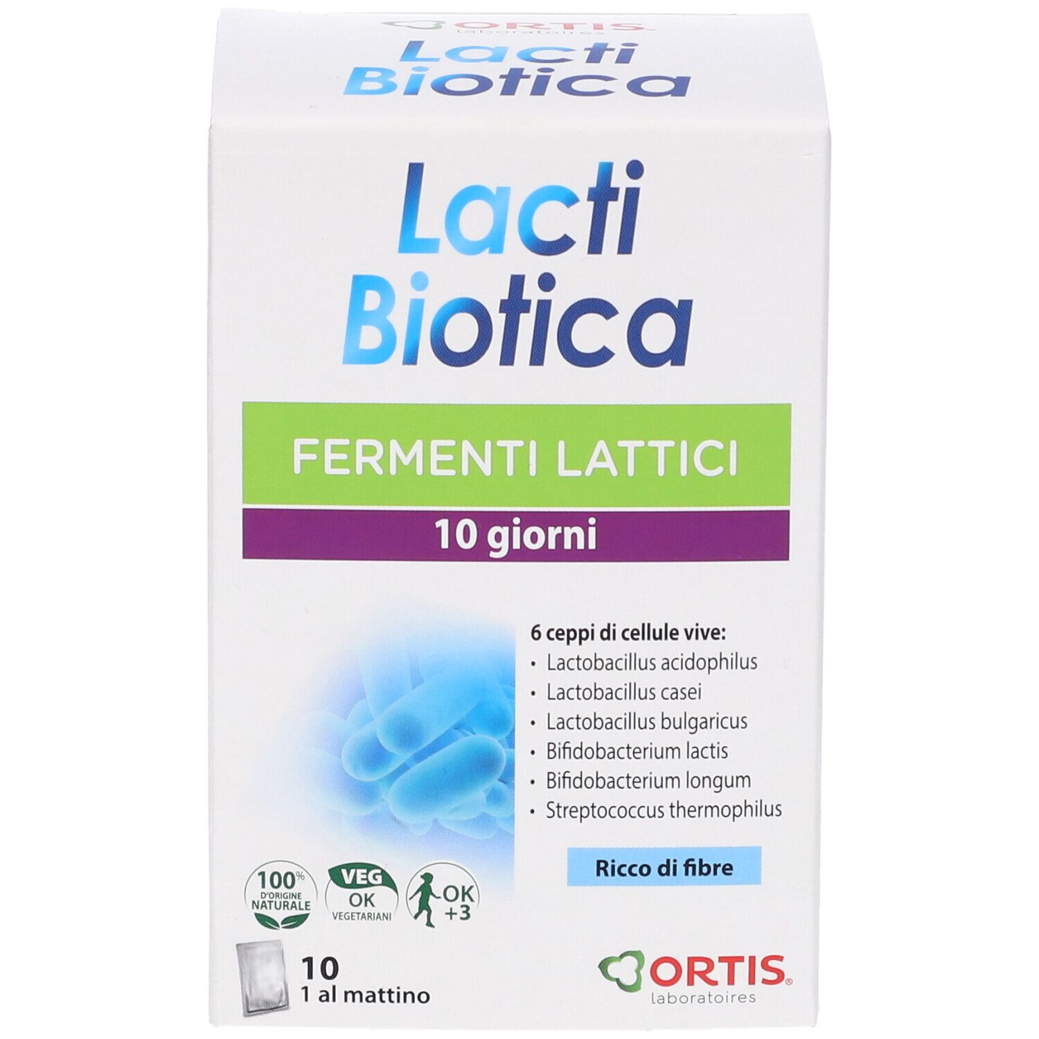 Confezione Lactibiotica con 10 bustine. Scritta: Fermenti Lattici, 10 giorni. Loghi e certificazioni presenti.