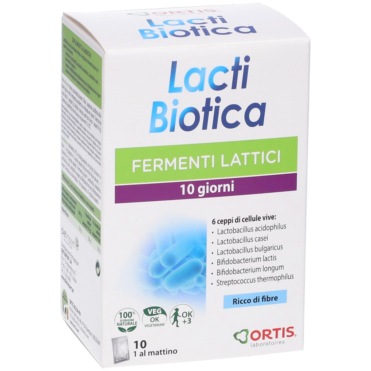 Confezione Lactibiotica con 10 bustine. Scritta: Fermenti Lattici, 10 giorni. Loghi e certificazioni presenti.