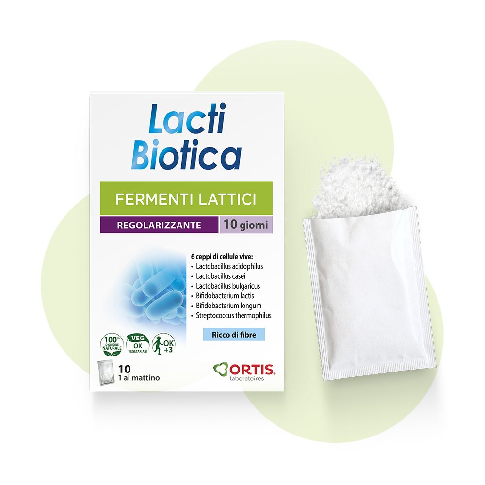 Confezione Lactibiotica con bustina aperta. Contiene 10 bustine. Scritta: Fermenti Lattici, 10 giorni.