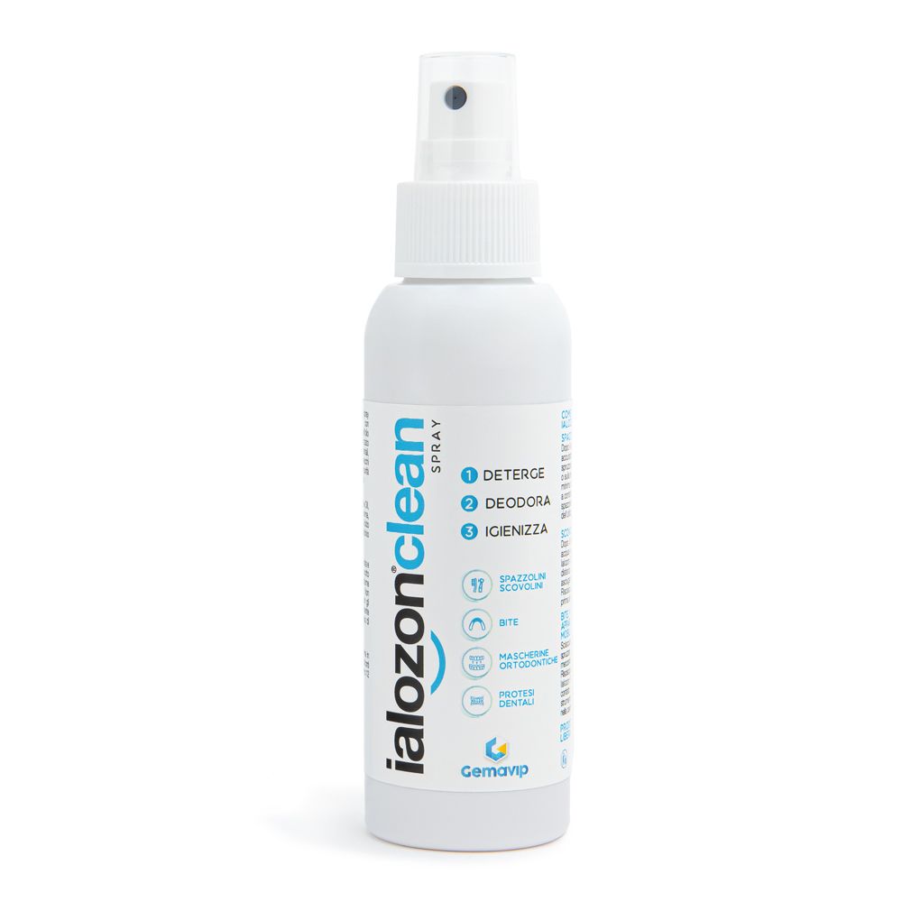 Weiße Sprühflasche mit blauem Etikett, das 'ialozonclean SPRAY' und Reinigungsanweisungen auflistet.
