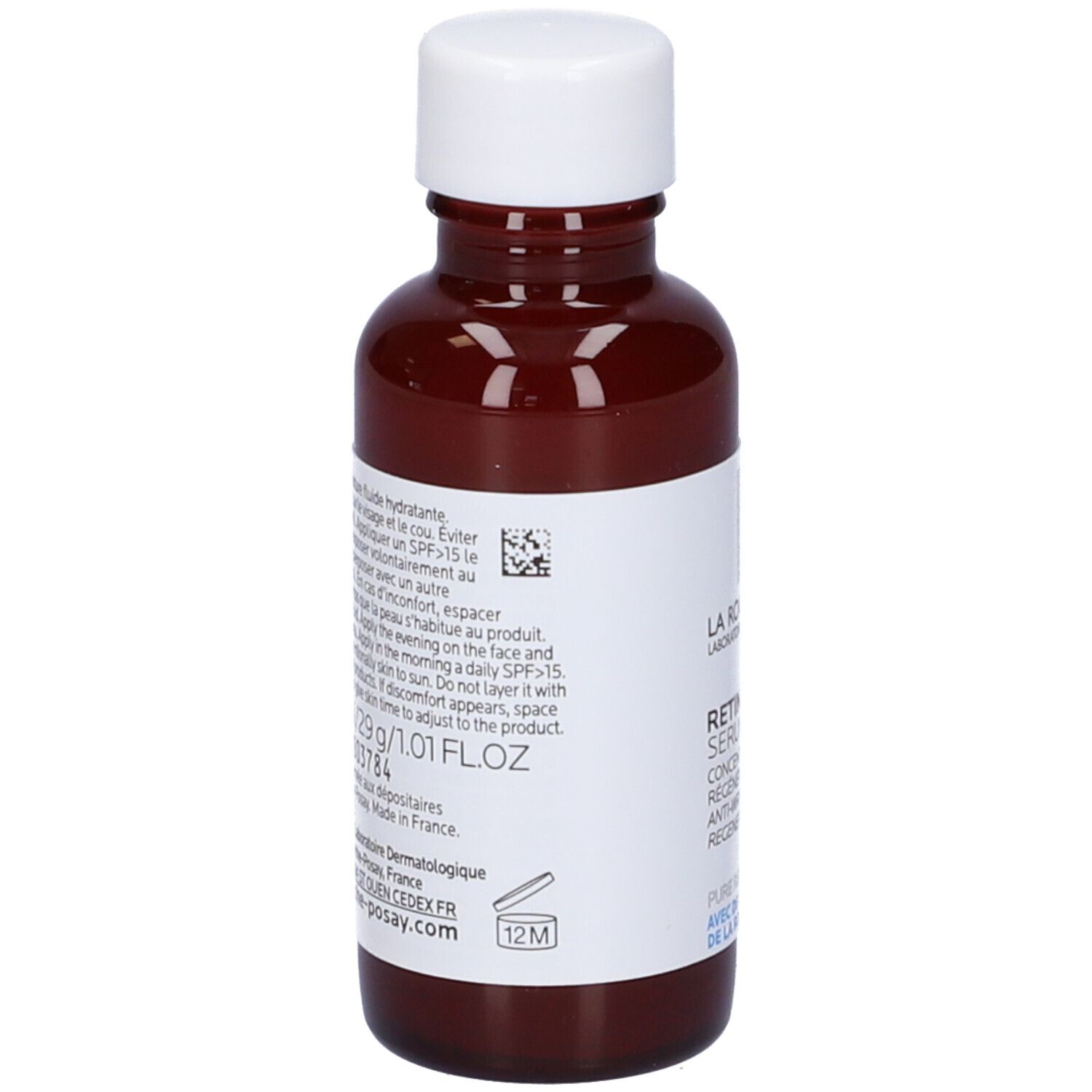 Flacone marrone con tappo bianco. Scritta: La Roche-Posay Retinol B3 Serum. Retro con testo e simbolo 12M.