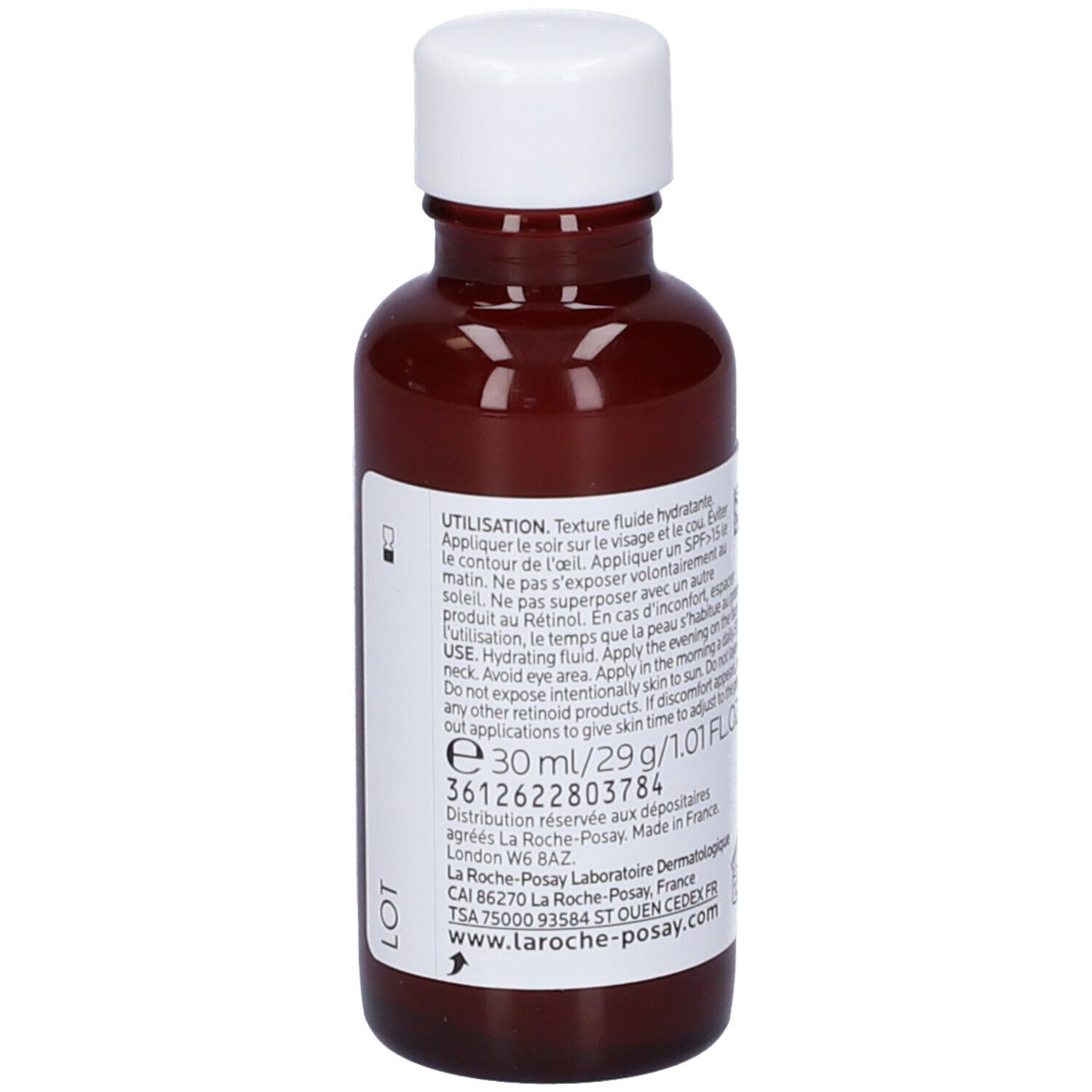 Flacone marrone con tappo bianco. Scritta: La Roche-Posay Retinol B3 Serum. Retro con testo e codice EAN.