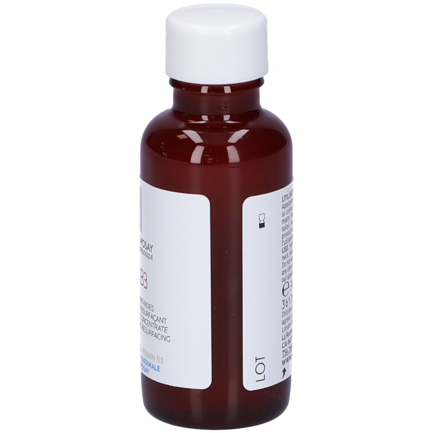 Flacone marrone con tappo bianco. Scritta: La Roche-Posay Retinol B3 Serum. Retro con testo.