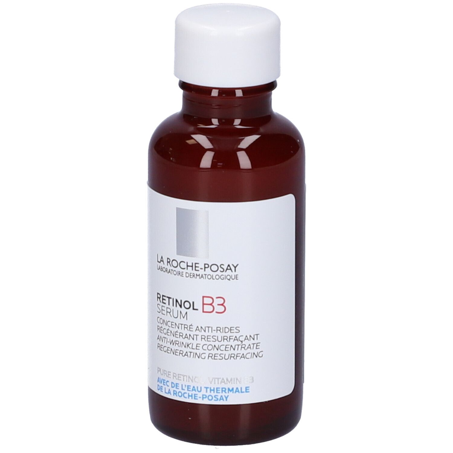 Flacone marrone con tappo bianco. Scritta: La Roche-Posay Retinol B3 Serum. Prodotto su sfondo bianco.