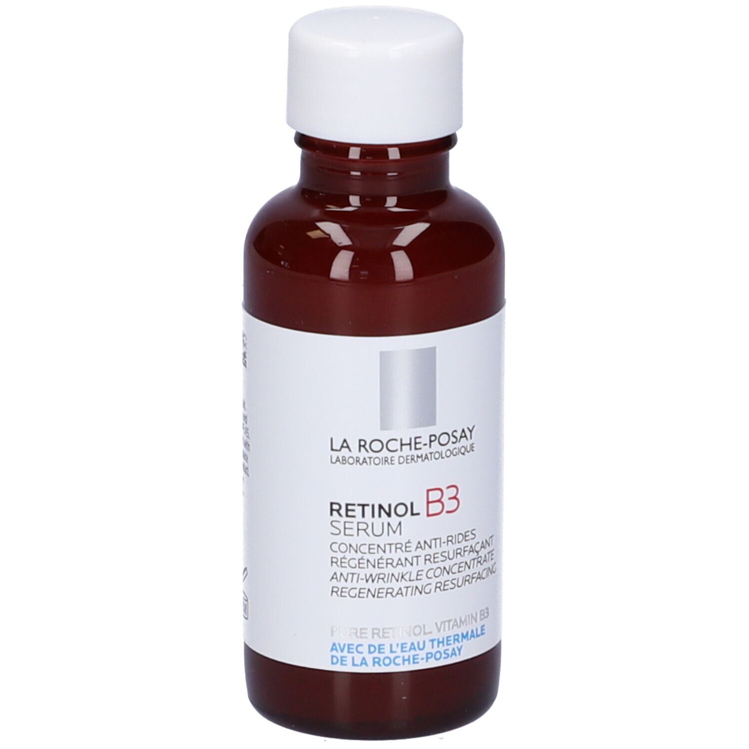 Flacone marrone con tappo bianco. Scritta: La Roche-Posay Retinol B3 Serum. Prodotto su sfondo bianco.