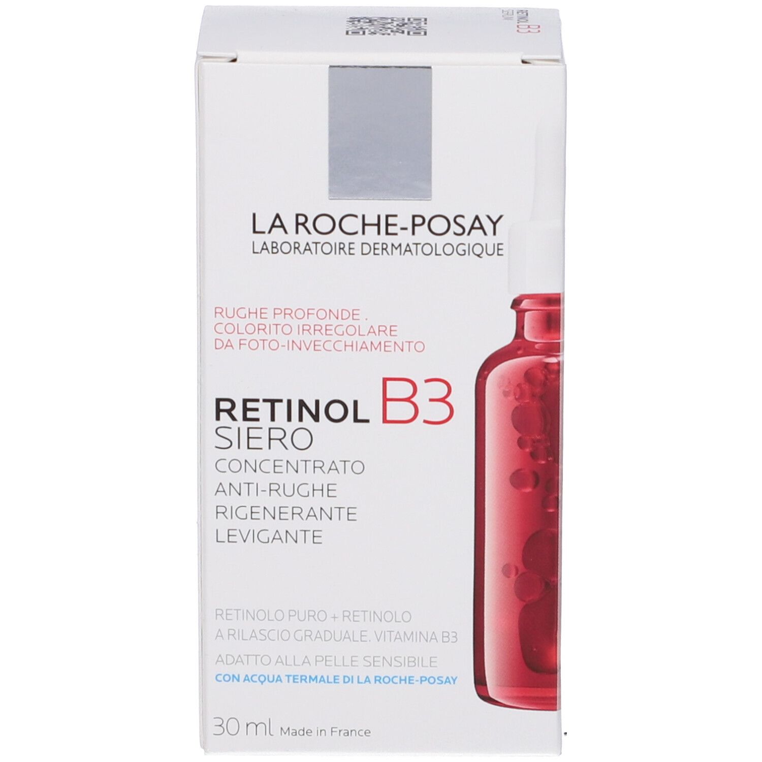 Confezione del prodotto con flacone. Scritta: La Roche-Posay Retinol B3 Serum. Confezione su sfondo bianco.