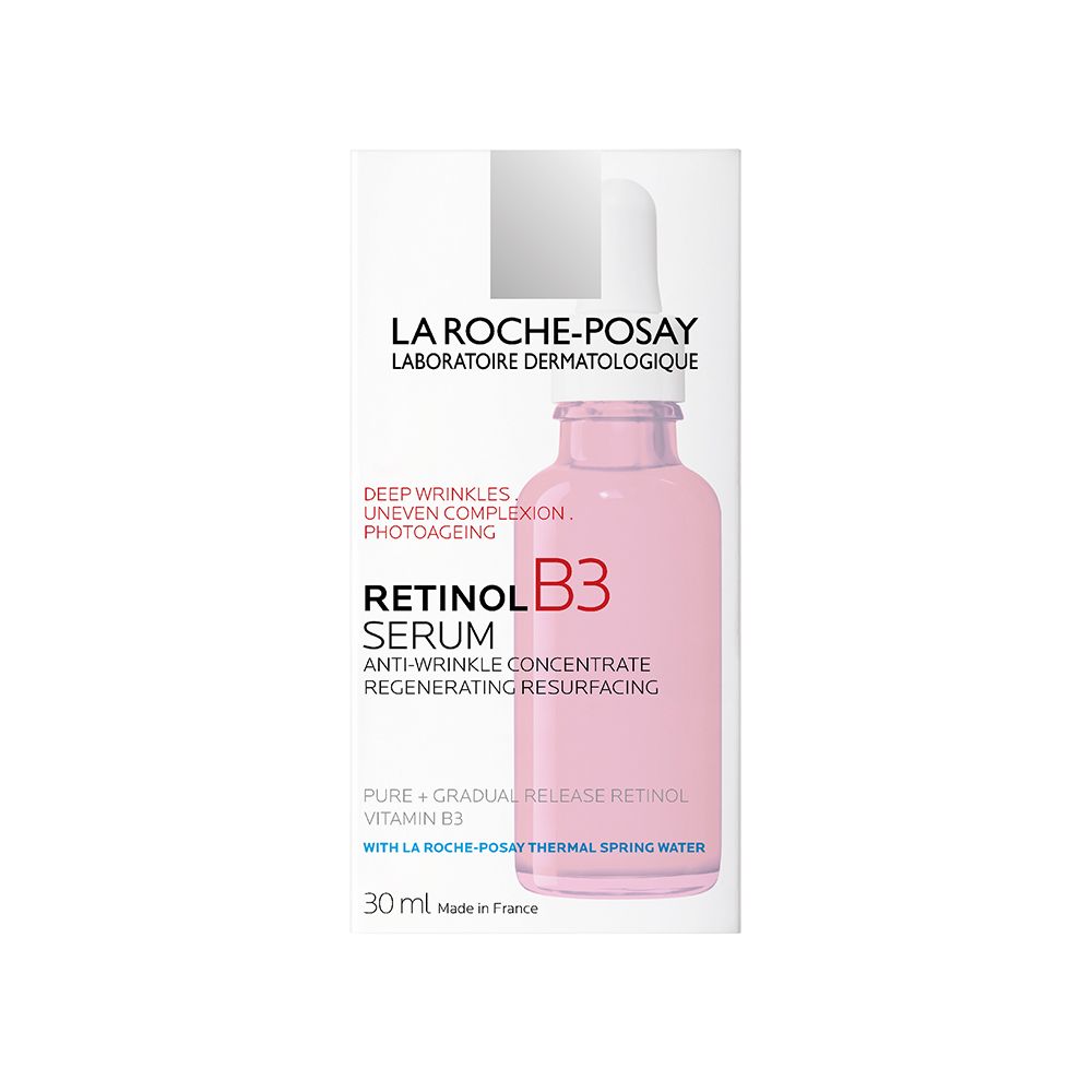 Confezione del prodotto con flacone e contagocce. Scritta: La Roche-Posay Retinol B3 Serum. Confezione bianca e rosa.