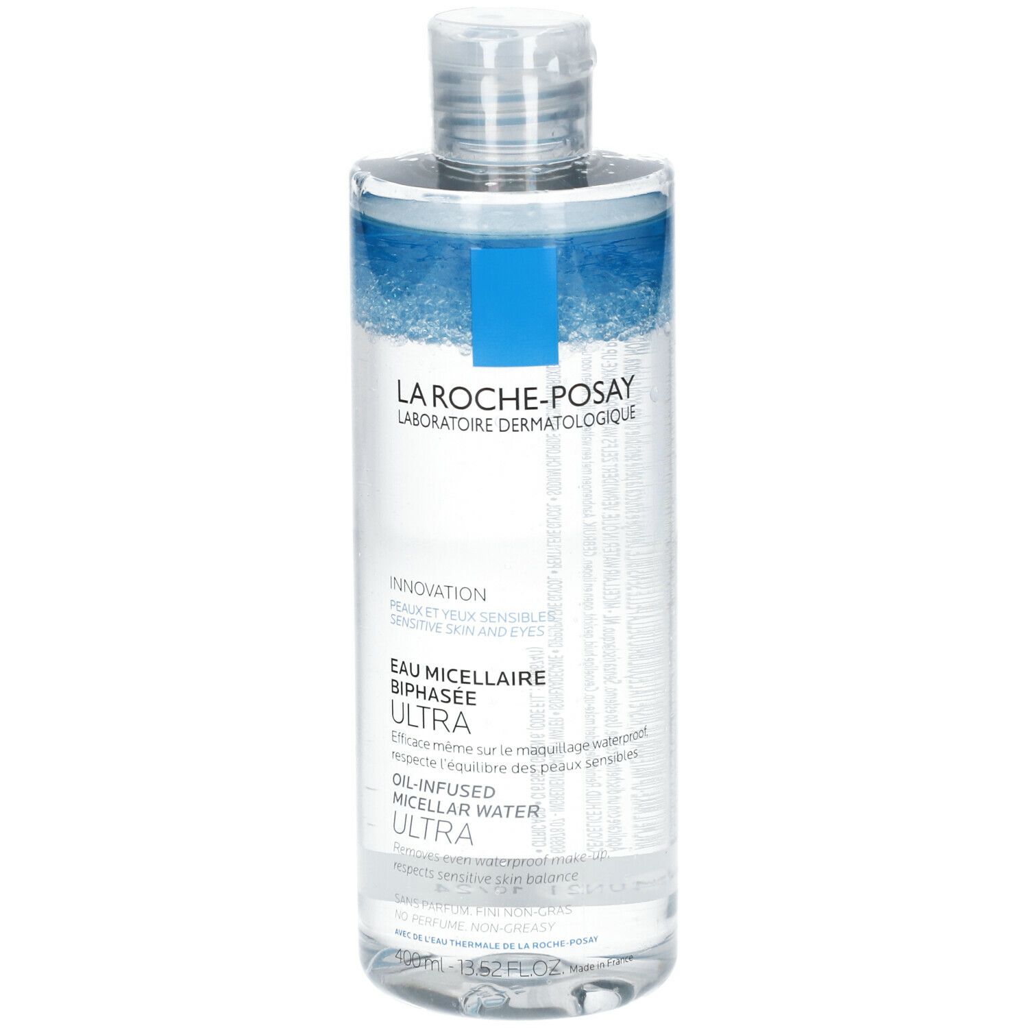 Flacone La Roche-Posay. Scritta "Eau Micellaire Biphasee Ultra". Liquido trasparente e blu.