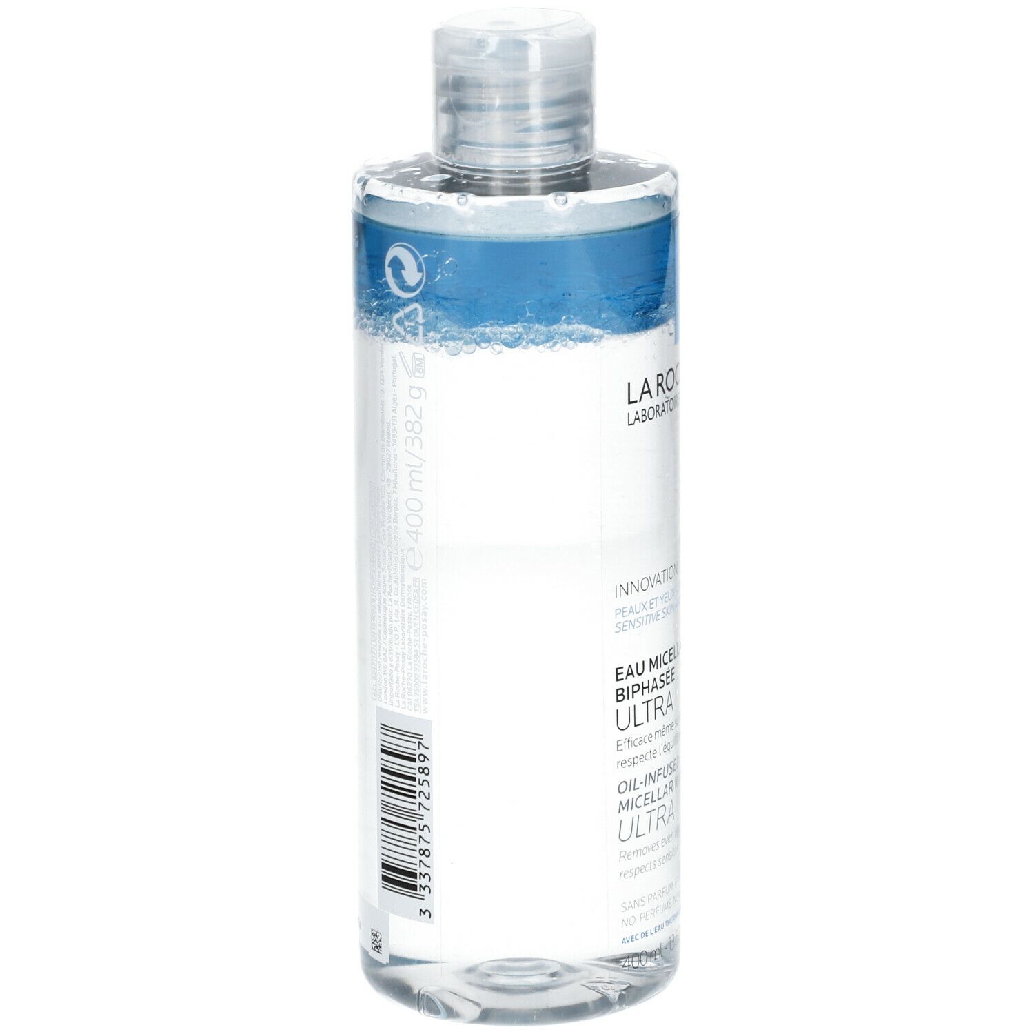 Flacone La Roche-Posay. Scritta "Eau Micellaire Biphasee Ultra". Liquido trasparente e blu.