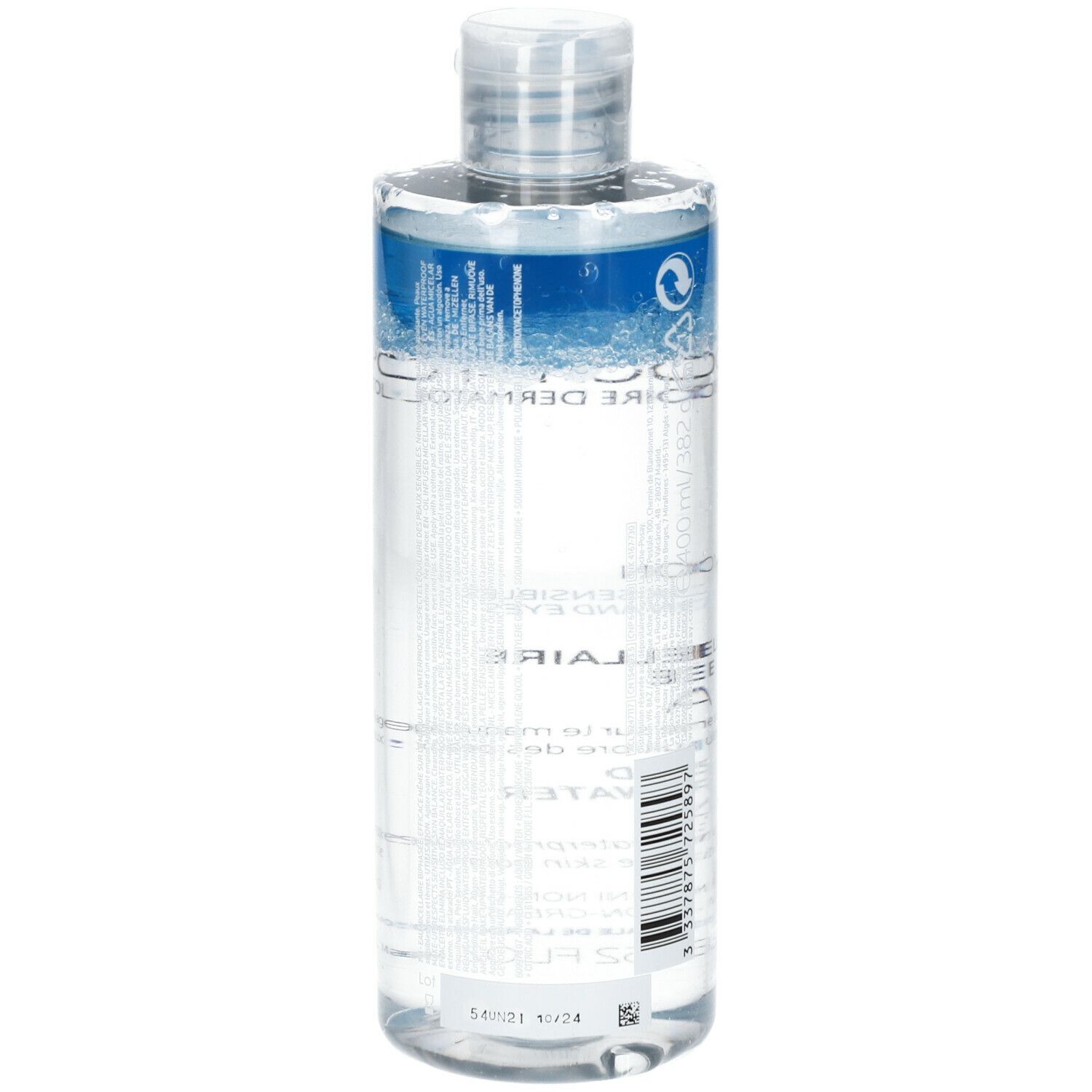 Flacone La Roche-Posay. Scritta "Eau Micellaire Biphasee Ultra". Liquido trasparente e blu.