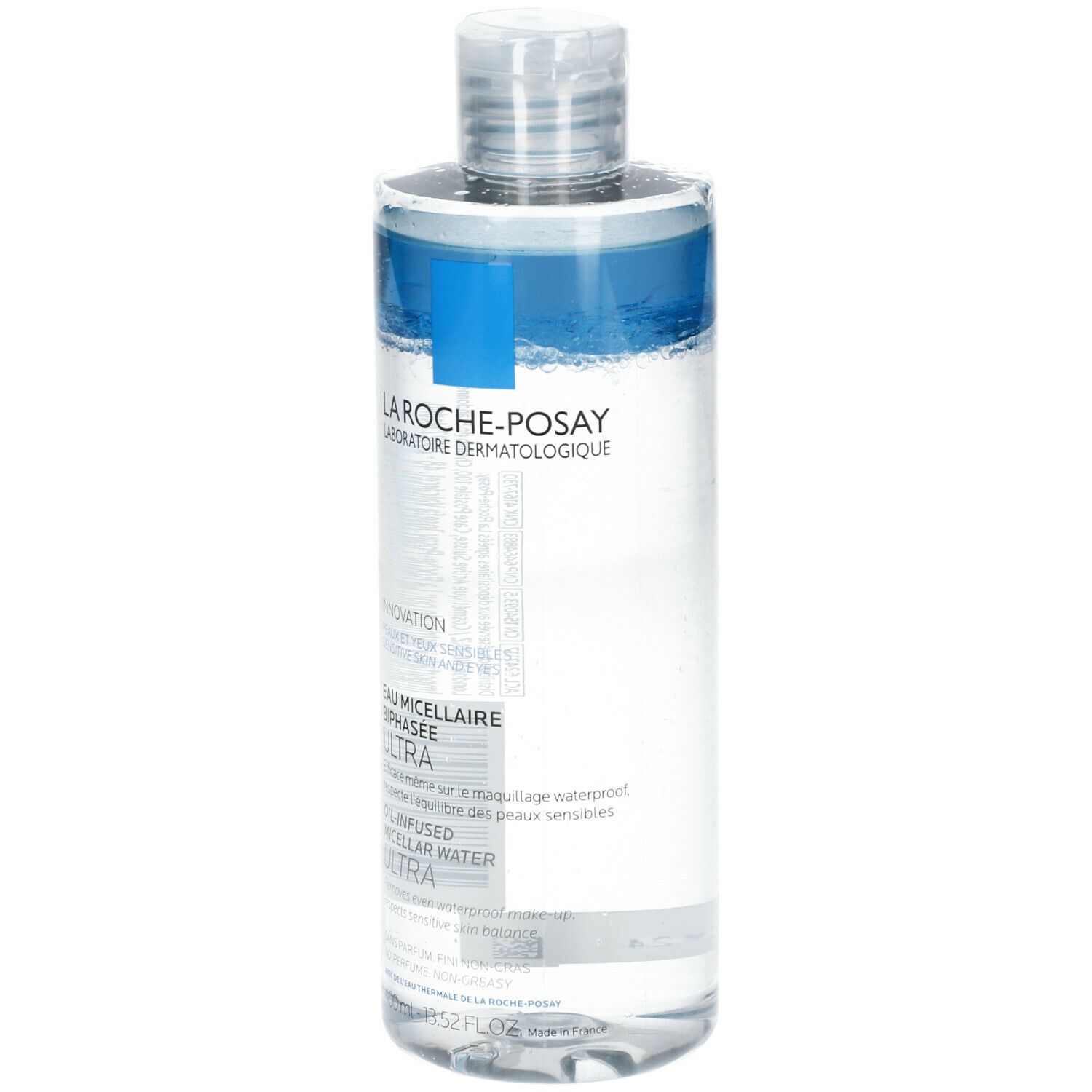 Flacone La Roche-Posay. Scritta "Eau Micellaire Biphasee Ultra". Liquido trasparente e blu.