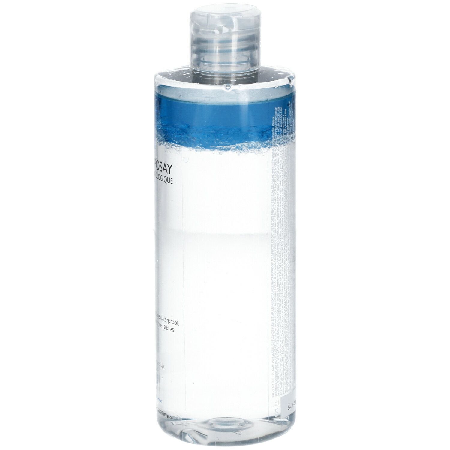 Flacone La Roche-Posay. Scritta "Eau Micellaire Biphasee Ultra". Liquido trasparente e blu.