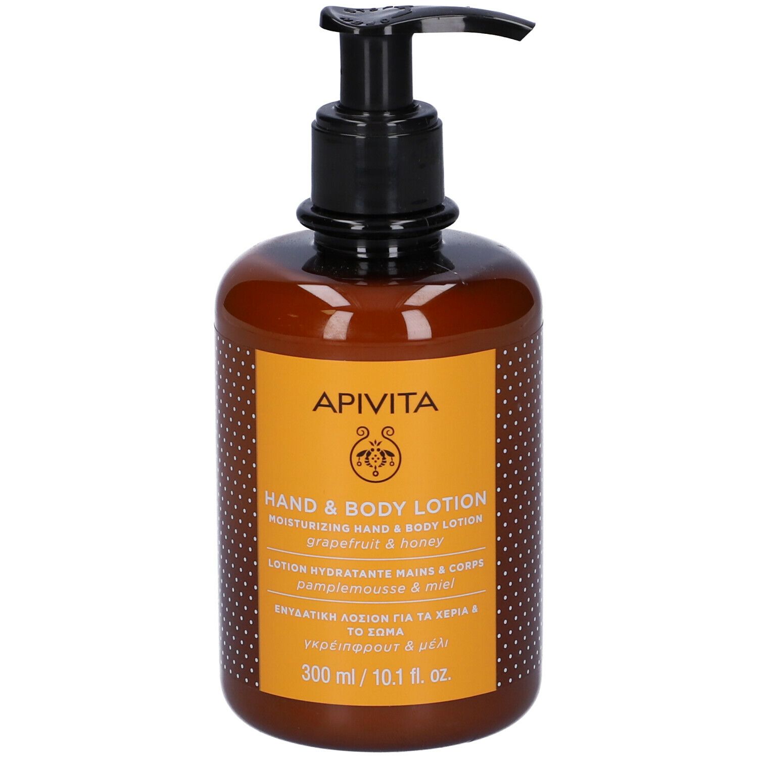 Flacone marrone con dosatore nero. Etichetta "APIVITA" e informazioni sul prodotto. "Hand & Body Lotion".