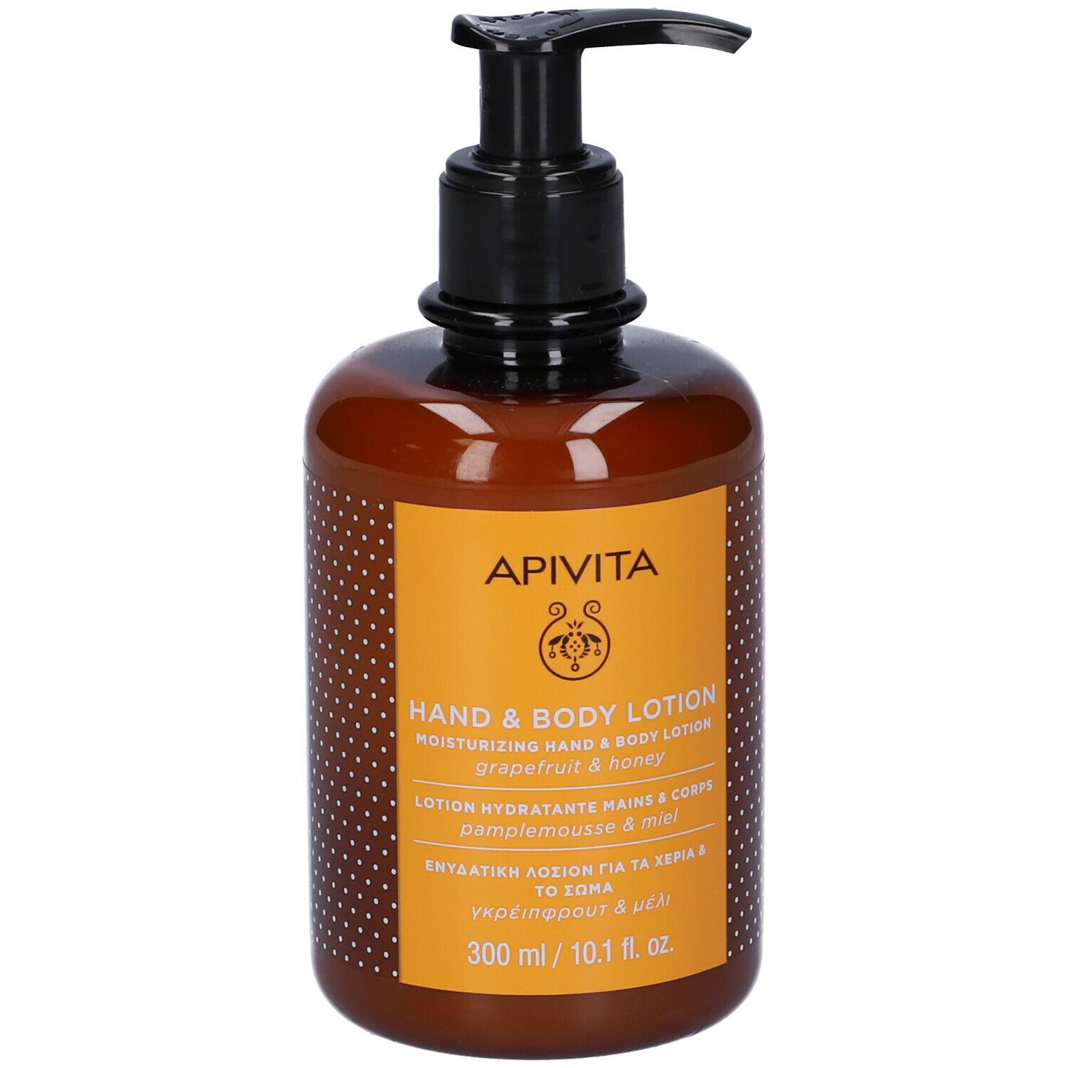 Flacone marrone con dosatore nero. Etichetta "APIVITA" e informazioni sul prodotto. "Hand & Body Lotion".