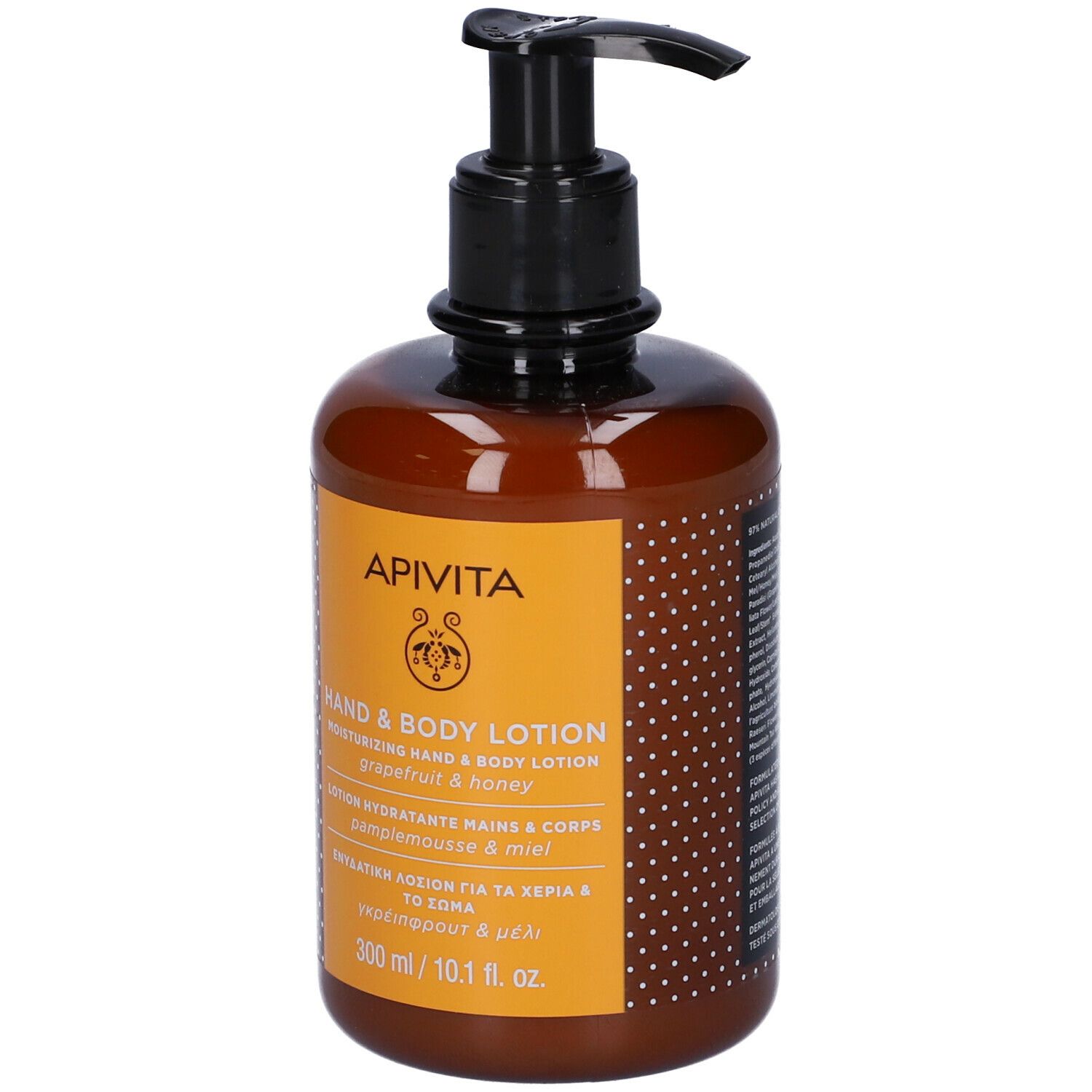 Flacone marrone con dosatore nero. Etichetta "APIVITA" e informazioni sul prodotto. "Hand & Body Lotion".