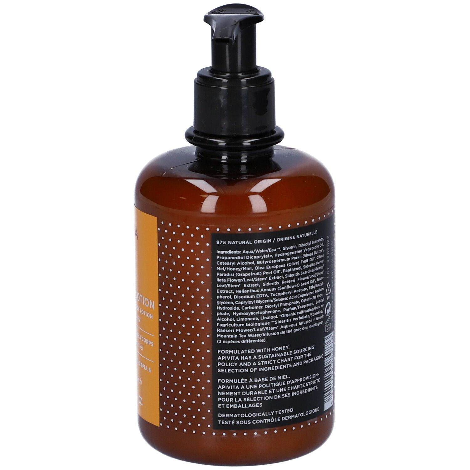 Flacone marrone con dosatore nero. Retro con testo. Ingredienti, numero di lotto e loghi. "Hand & Body Lotion".