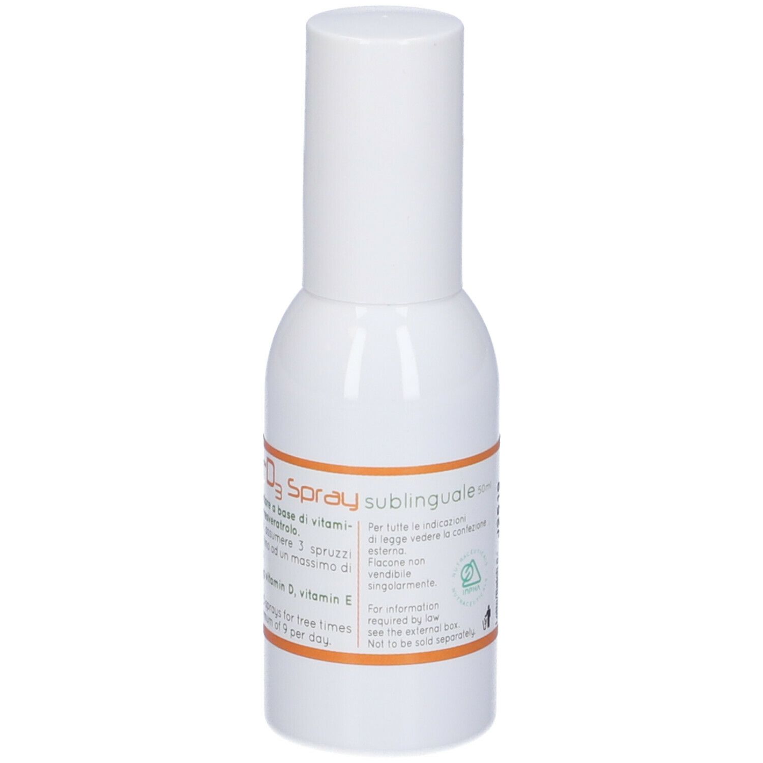 Flacone spray bianco Immunorm D3. Informazioni sul prodotto e istruzioni per il dosaggio.