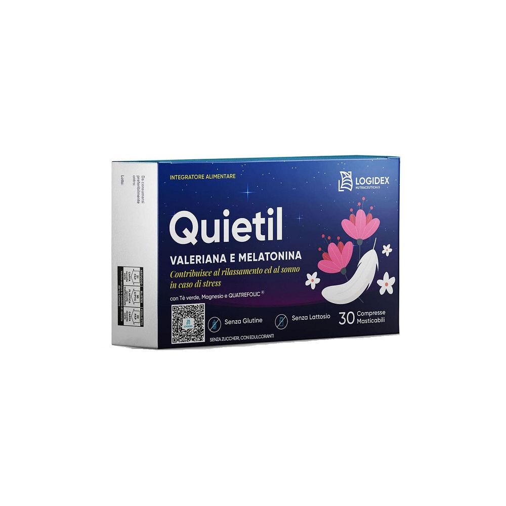 Scatola di Quietil, 30 compresse. Scritto: Valeriana e Melatonina. Logo Logidex. Sfondo blu con stelle e fiori.