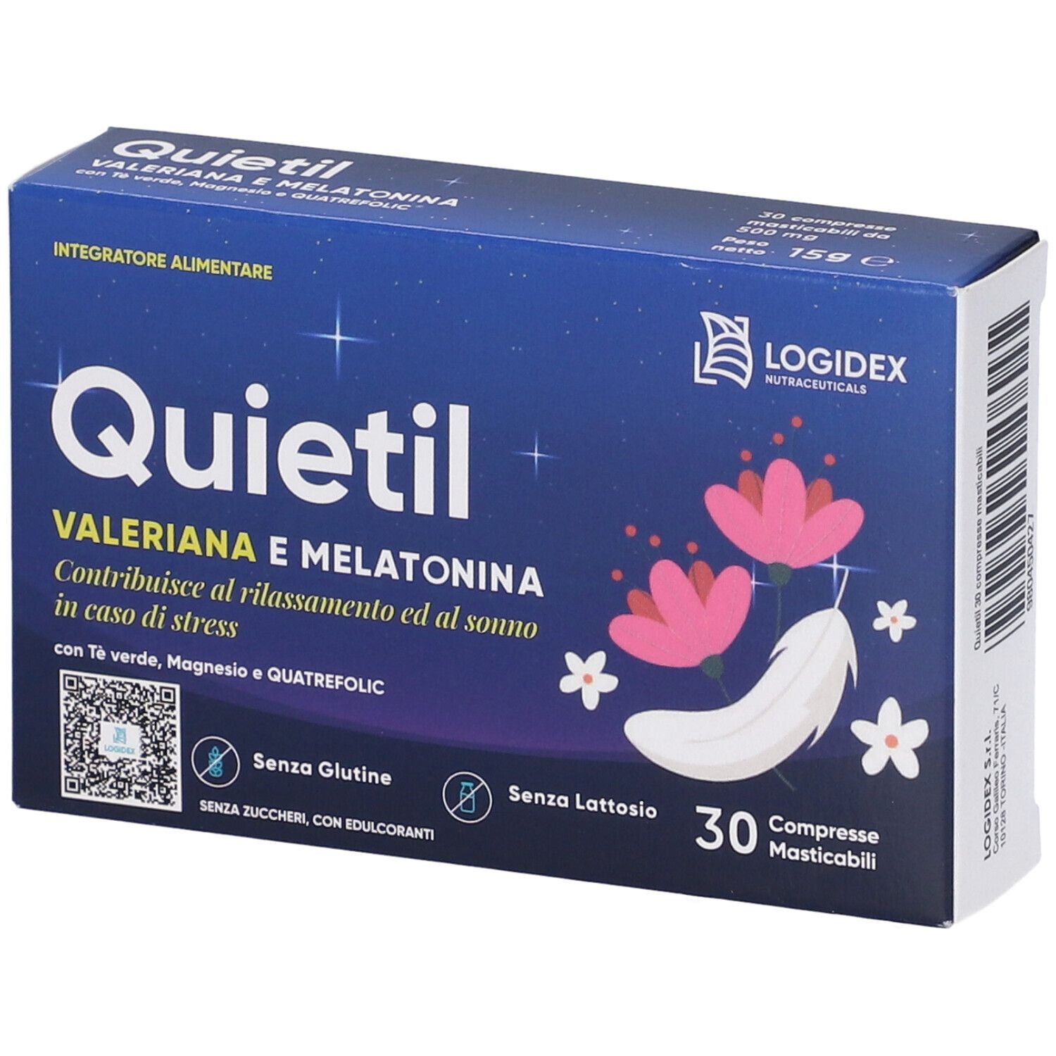 Scatola di Quietil, 30 compresse. Scritto: Valeriana e Melatonina. Logo Logidex. Scatola blu con design piuma e fiori.