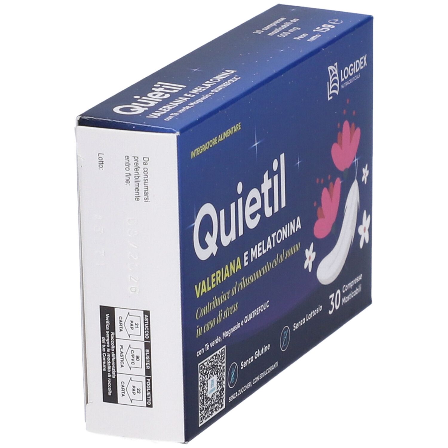 Scatola di Quietil, 30 compresse. Scritto: Valeriana e Melatonina. Logo Logidex. Scatola blu con design piuma e fiori.