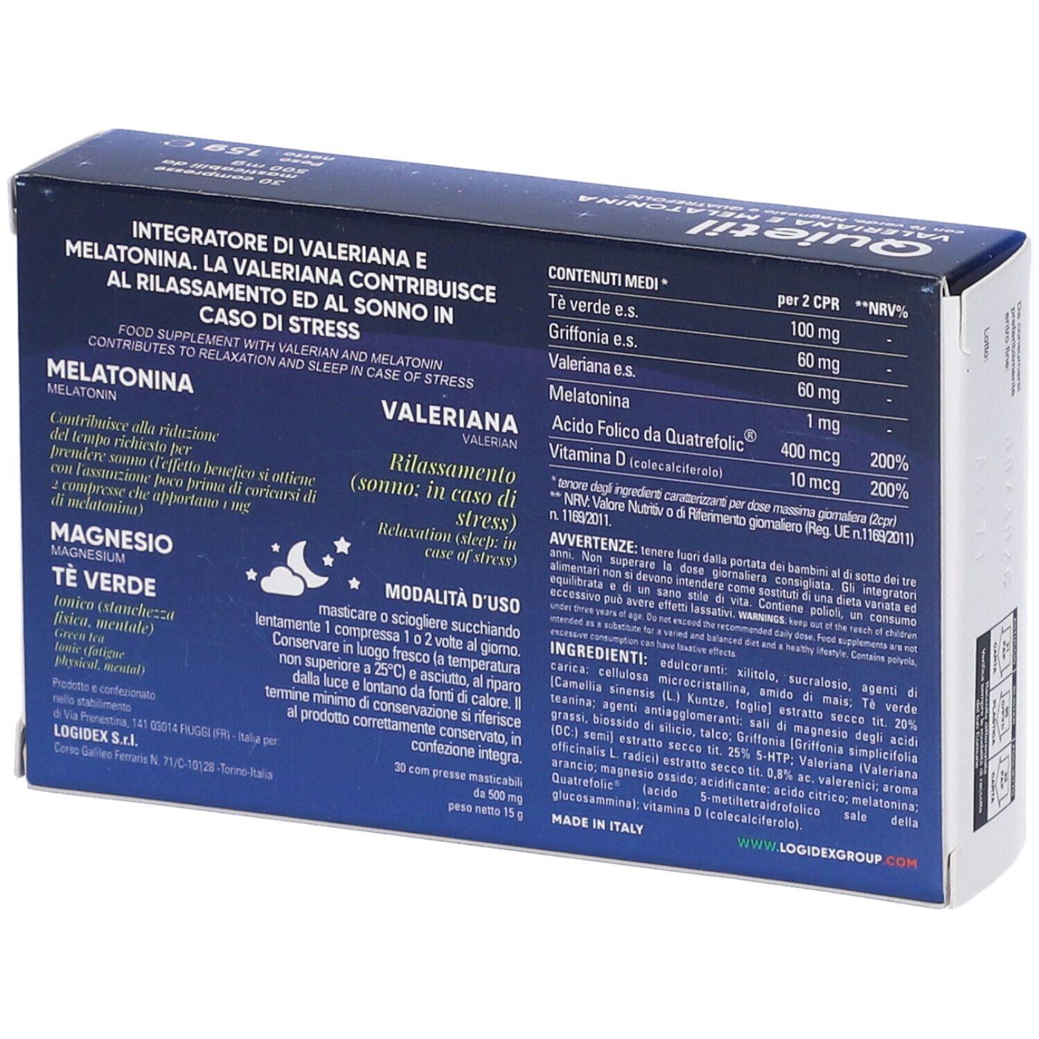 Retro della scatola di Quietil. Contiene informazioni sugli ingredienti e i valori nutrizionali. Colore blu con testo bianco.