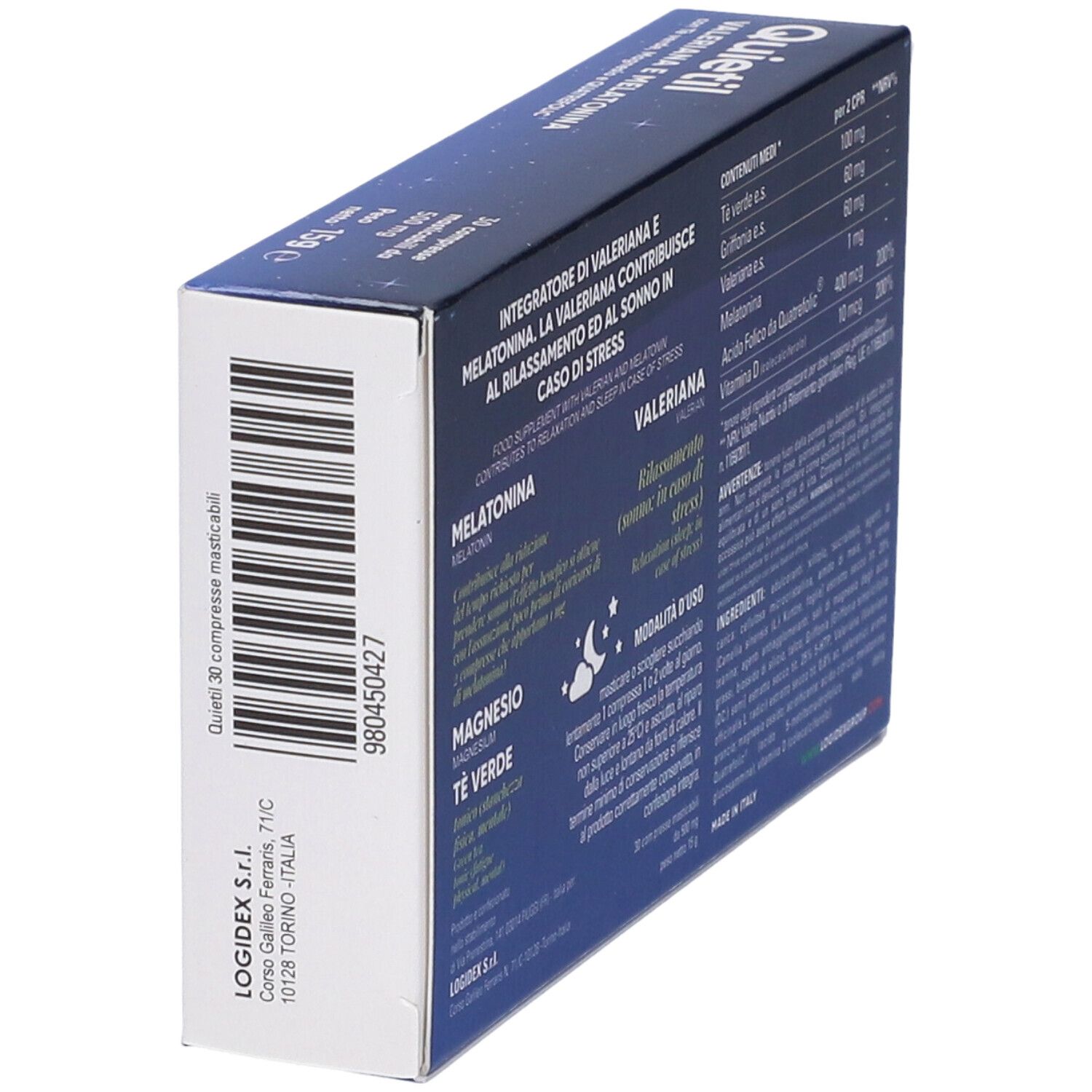 Vista laterale della scatola di Quietil. Contiene informazioni sugli ingredienti e i valori nutrizionali. Colore blu con testo bianco.