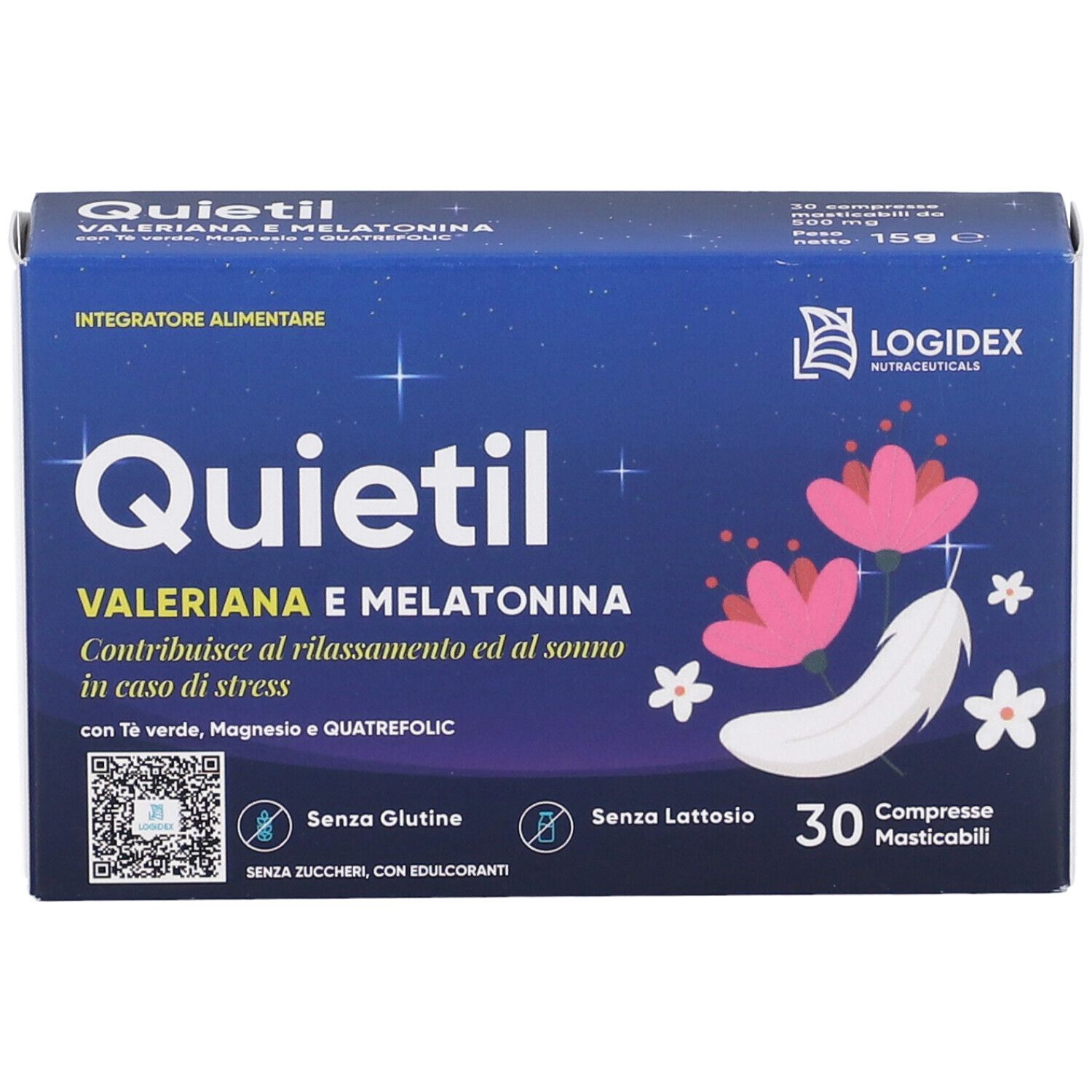 Scatola di Quietil, 30 compresse. Scritto: Valeriana e Melatonina. Logo Logidex. Scatola blu con design piuma e fiori.