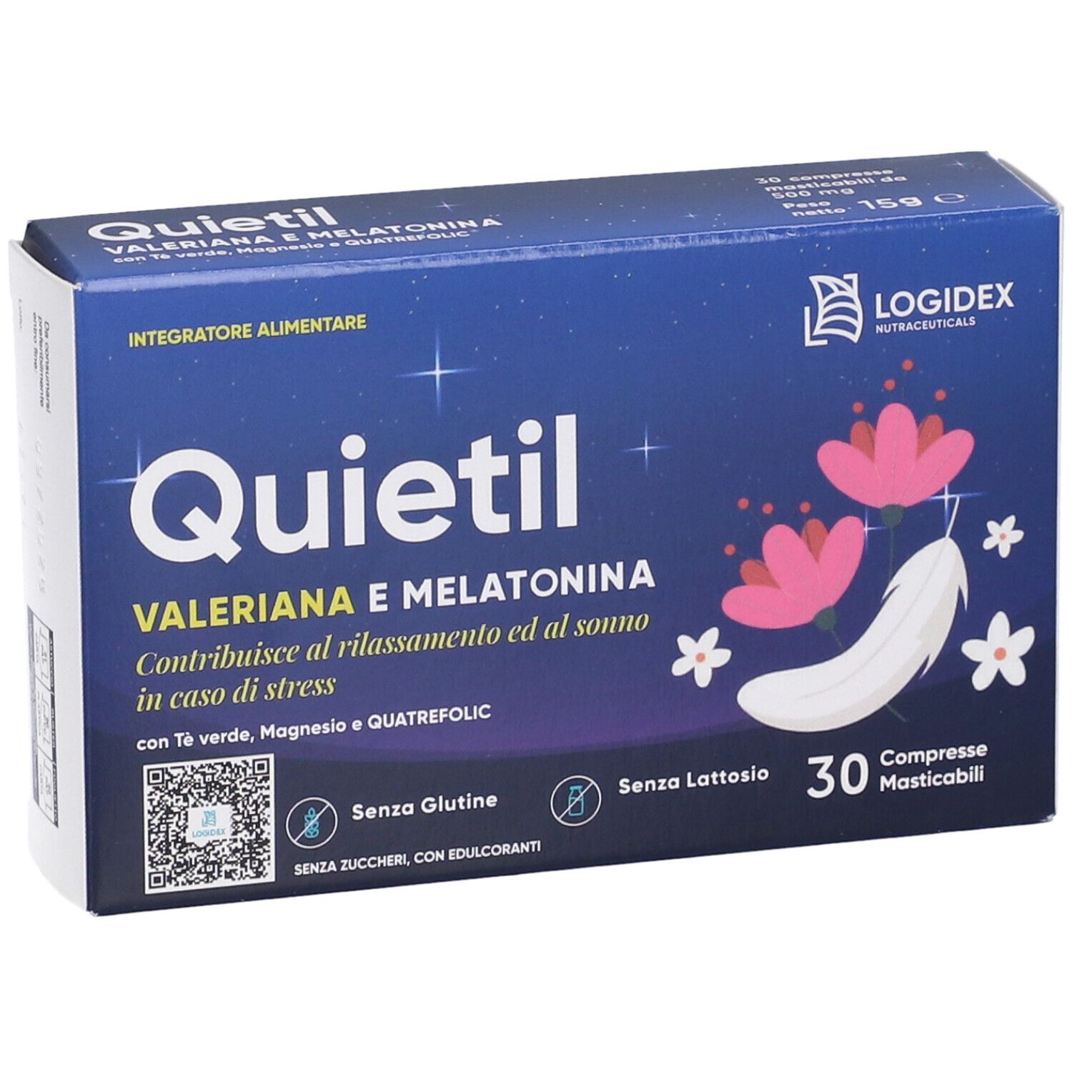 Scatola di Quietil, 30 compresse. Scritto: Valeriana e Melatonina. Logo Logidex. Scatola blu con design piuma e fiori.