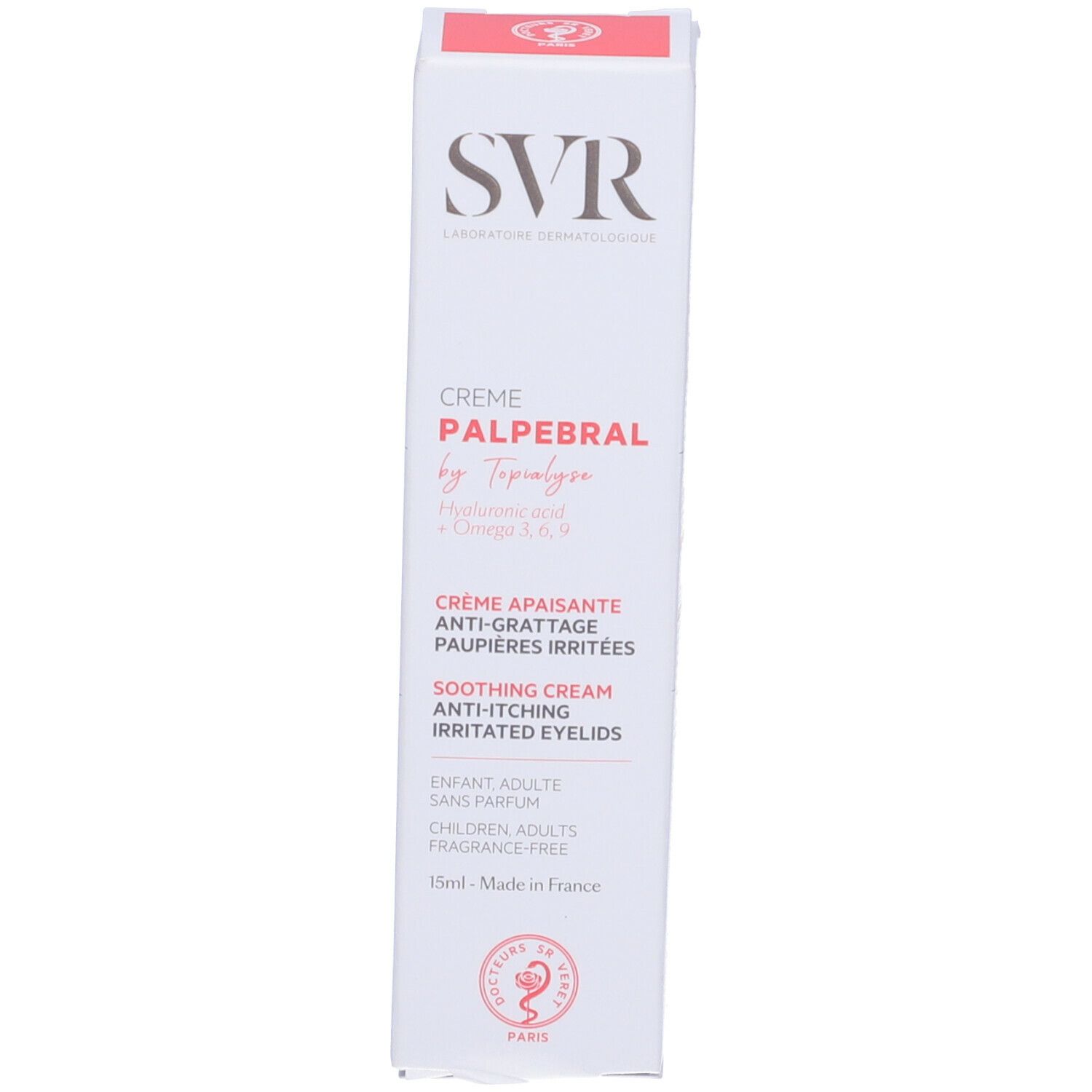 Confezione di crema SVR Palpébral. Scatola bianca con accento rosso. Crema per palpebre irritate. Contiene acido ialuronico e Omega 3, 6, 9.