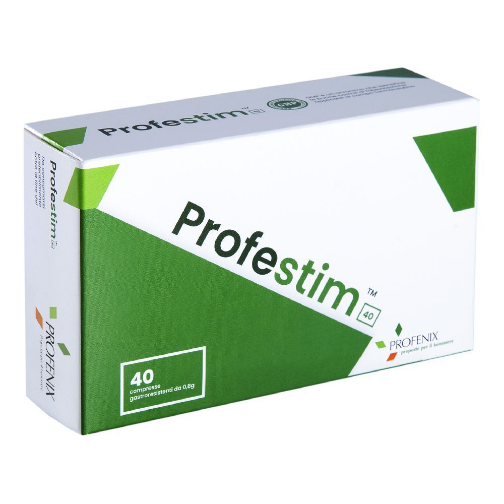Confezione Profestim. Scatola bianca e verde. Scritta Profestim 40 Compresse. Logo e 40 compresse. Vista frontale.