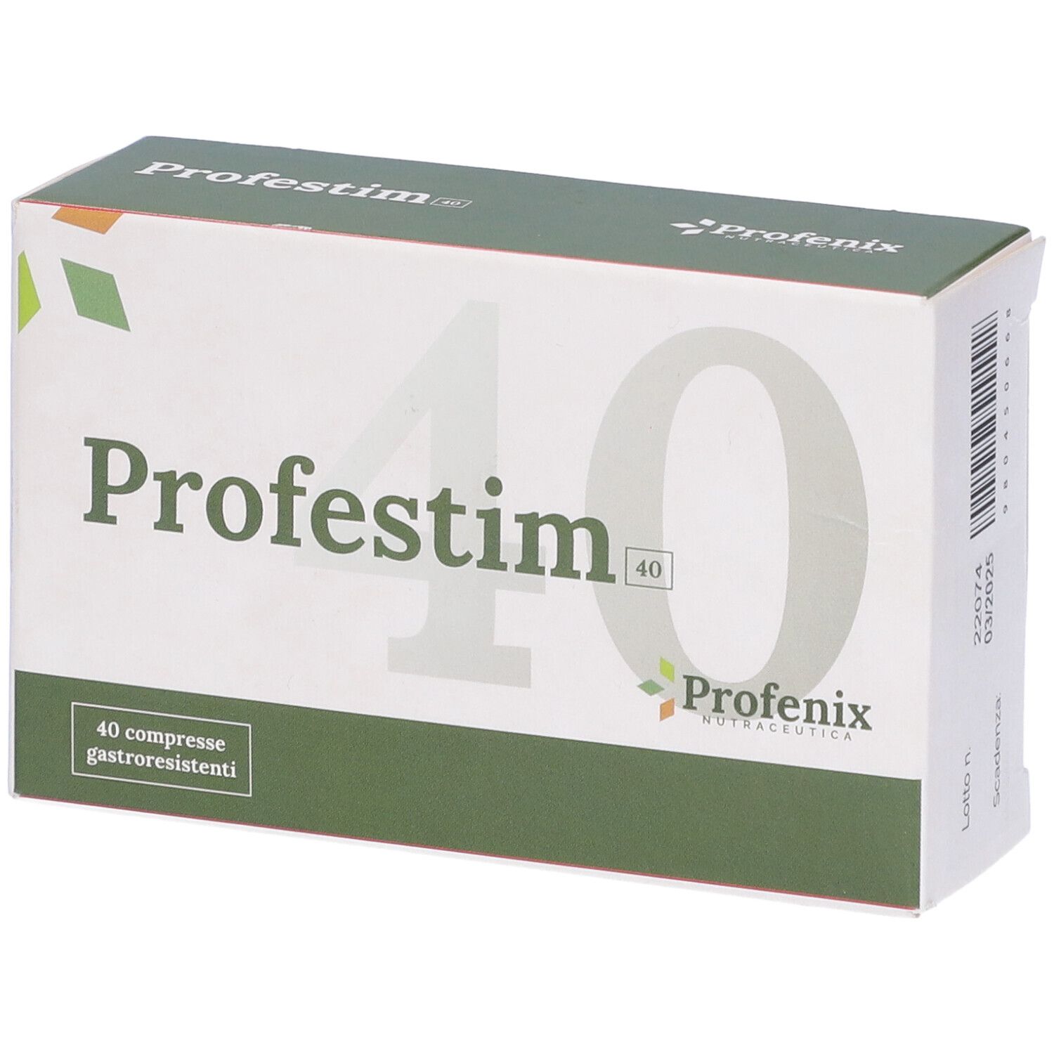 Confezione Profestim. Scatola bianca e verde. Scritta Profestim 40. Logo e 40 compresse. Vista obliqua.