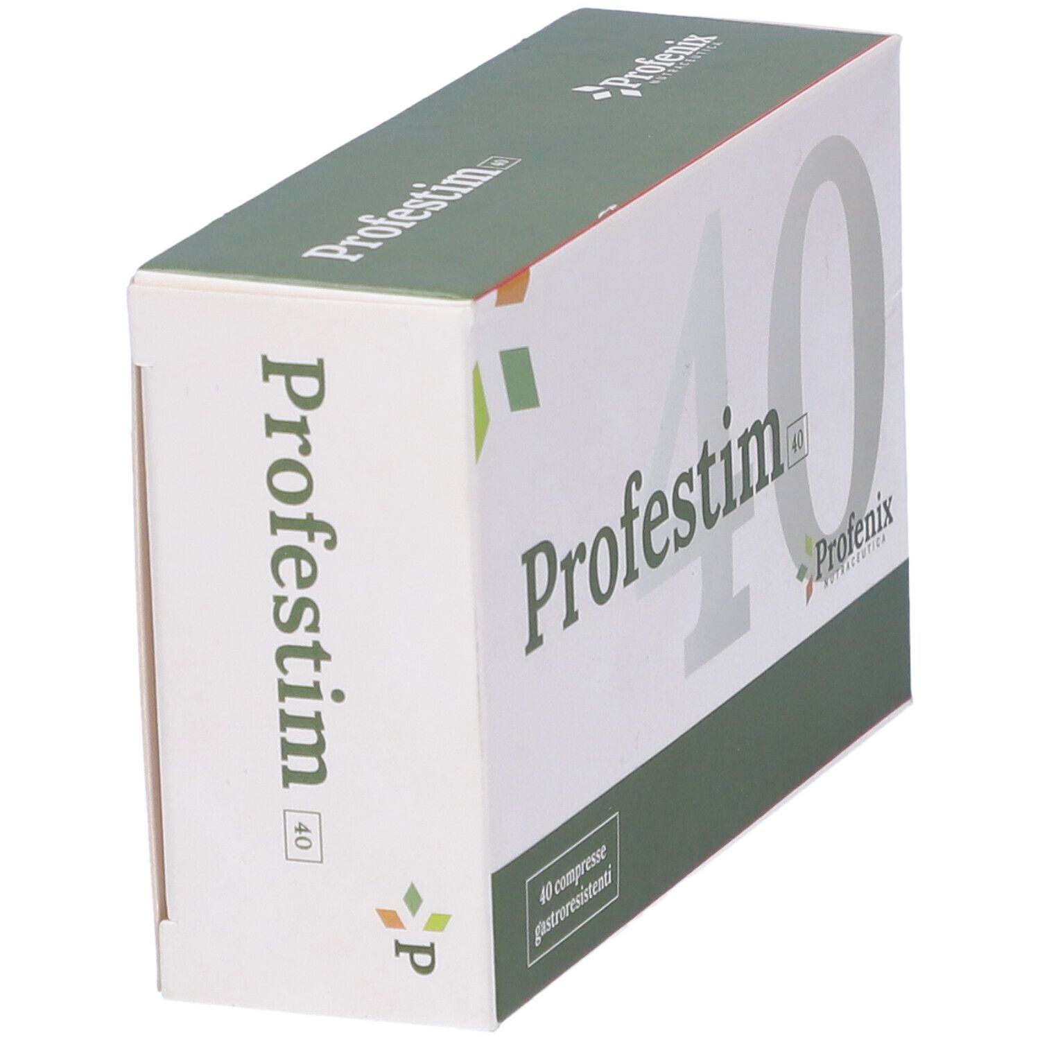 Confezione Profestim. Scatola bianca e verde. Scritta Profestim 40. Logo e 40 compresse. Vista obliqua.