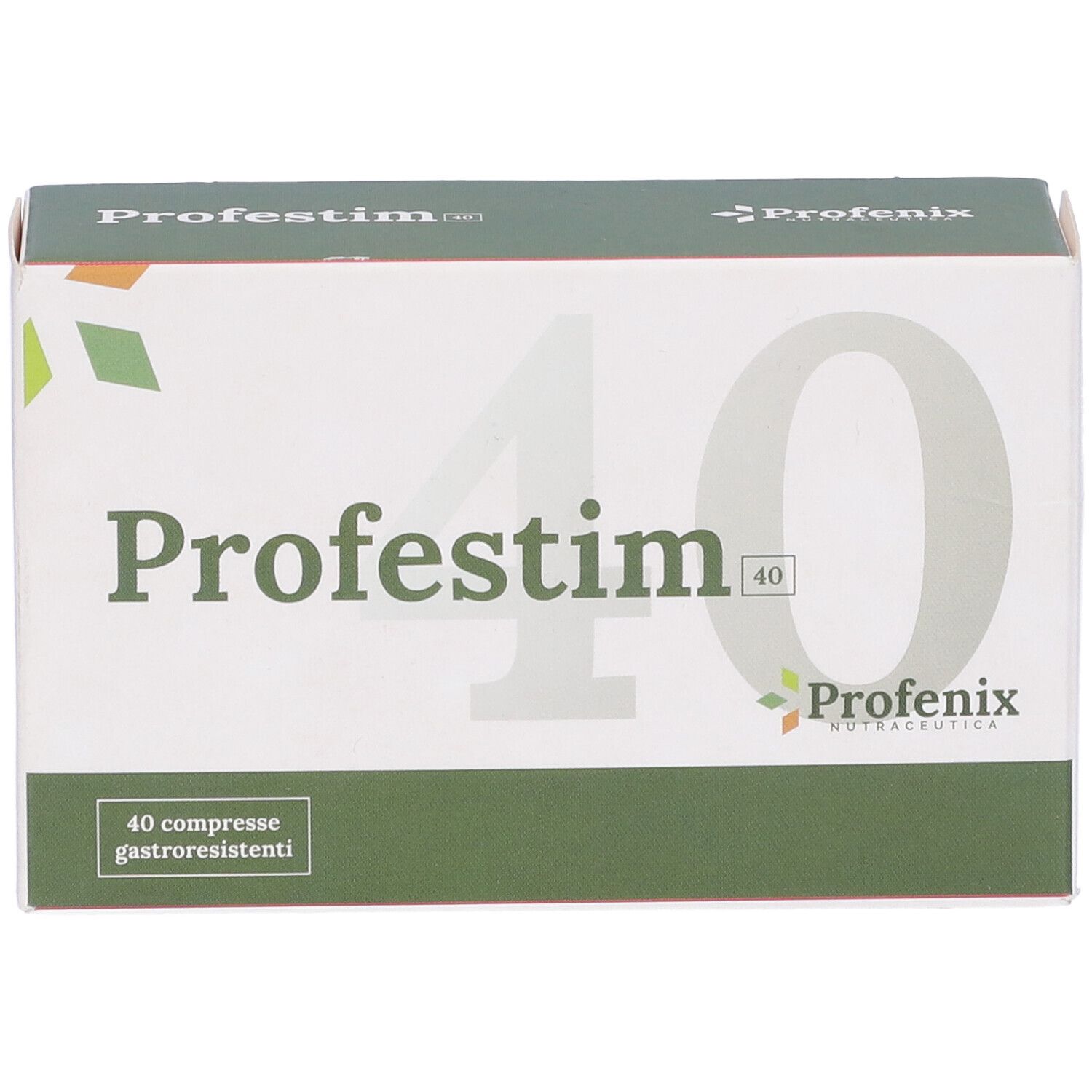 Confezione Profestim. Scatola bianca e verde. Scritta Profestim 40. Logo e 40 compresse. Vista dall'alto.