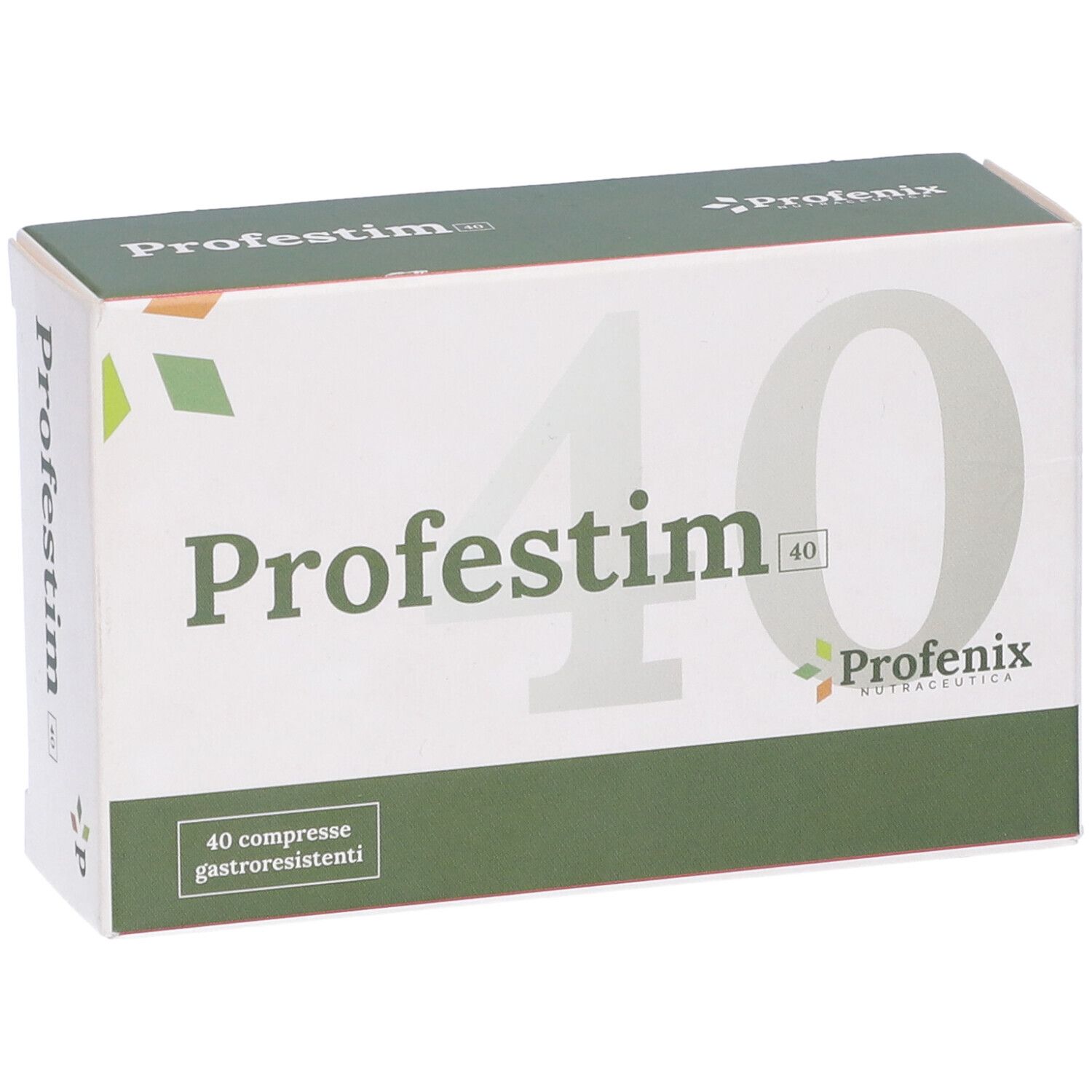 Confezione Profestim. Scatola bianca e verde. Scritta Profestim 40. Logo e 40 compresse. Vista obliqua.