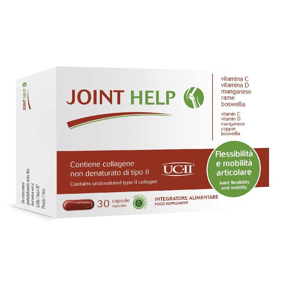 Scatola bianca con logo "JOINT HELP". Contiene 30 capsule. Scritta: "Flessibilità e mobilità articolare".